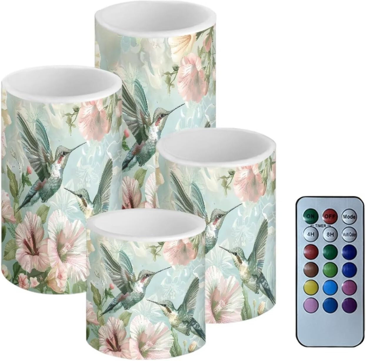 Merkmak 4Pcs Flameless Candles with Remote and Timers Flickering Battery Operated Candles Outdoor Flameless LED Pillar Lights for Beach Wedding Coastal Home Decorations, Floral Hummingbird
