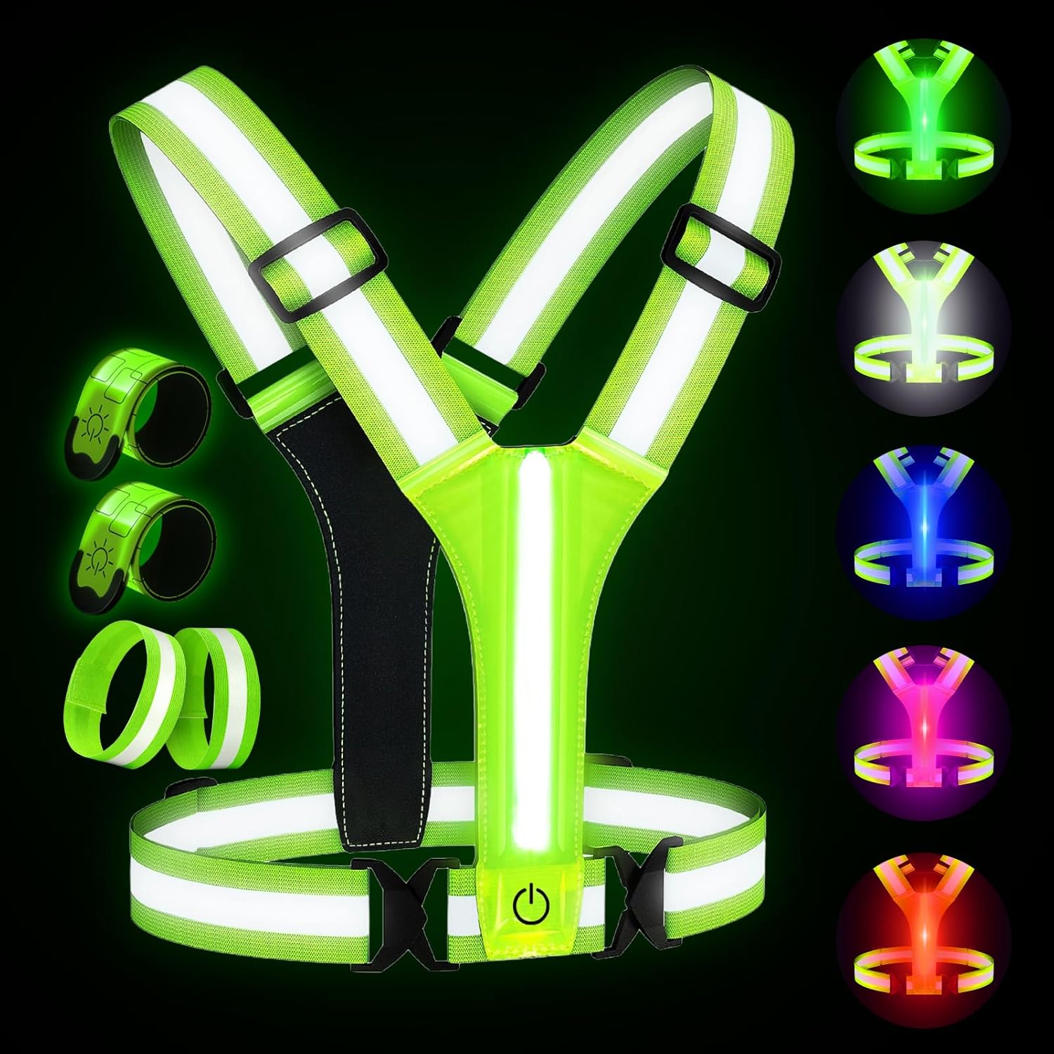 Reflective Running Gear with Led Armband Rechargeable, 5 Colors Lights Up Reflective Running Vest Rechargeable for Night Walking Running Cycling Jogging, Adjustable Size for Men Women Kids