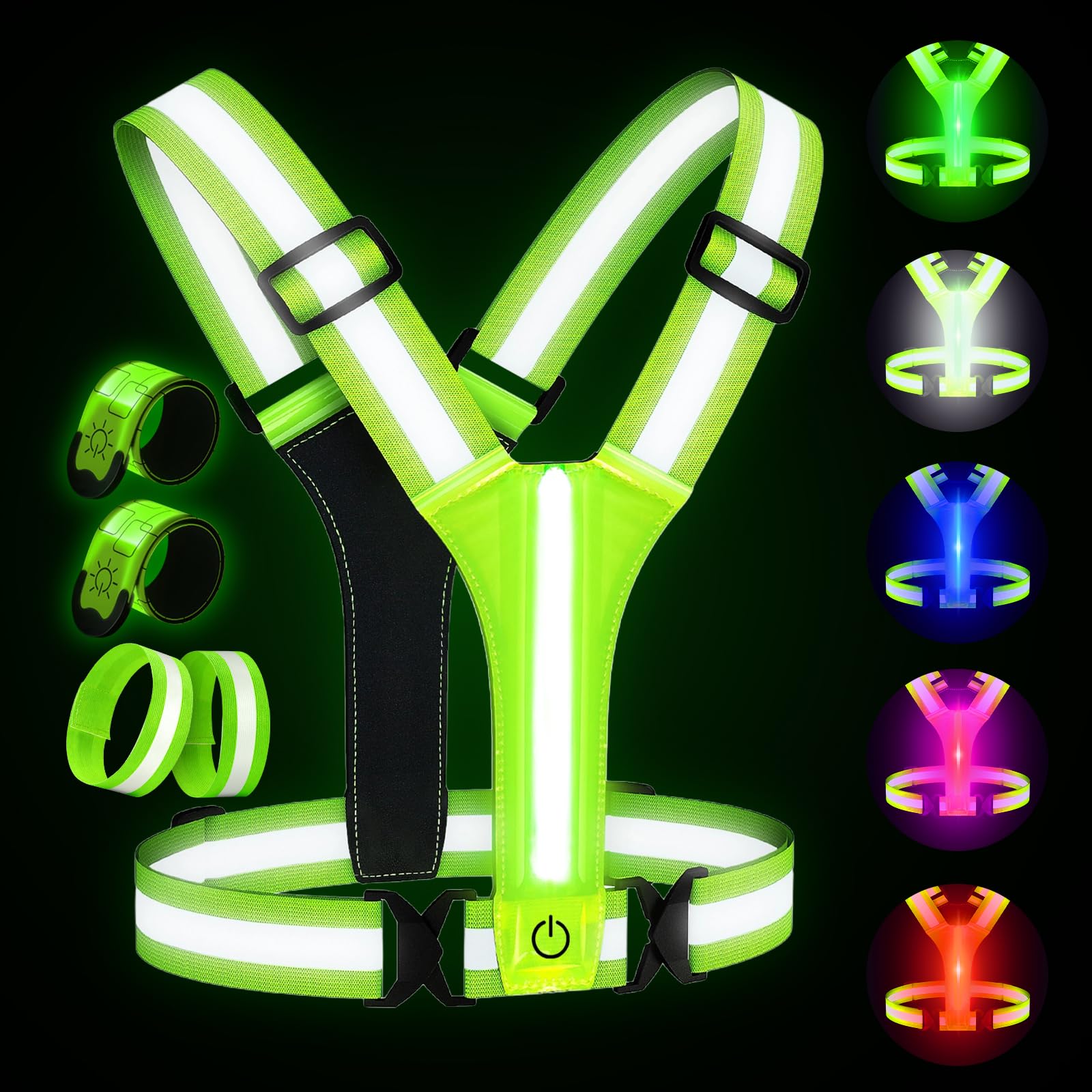 Équipement de course réfléchissant avec brassard LED rechargeable, 5 couleurs lumineuses, gilet de course réfléchissant rechargeable pour la marche de nuit, la course à pied, le cyclisme, le