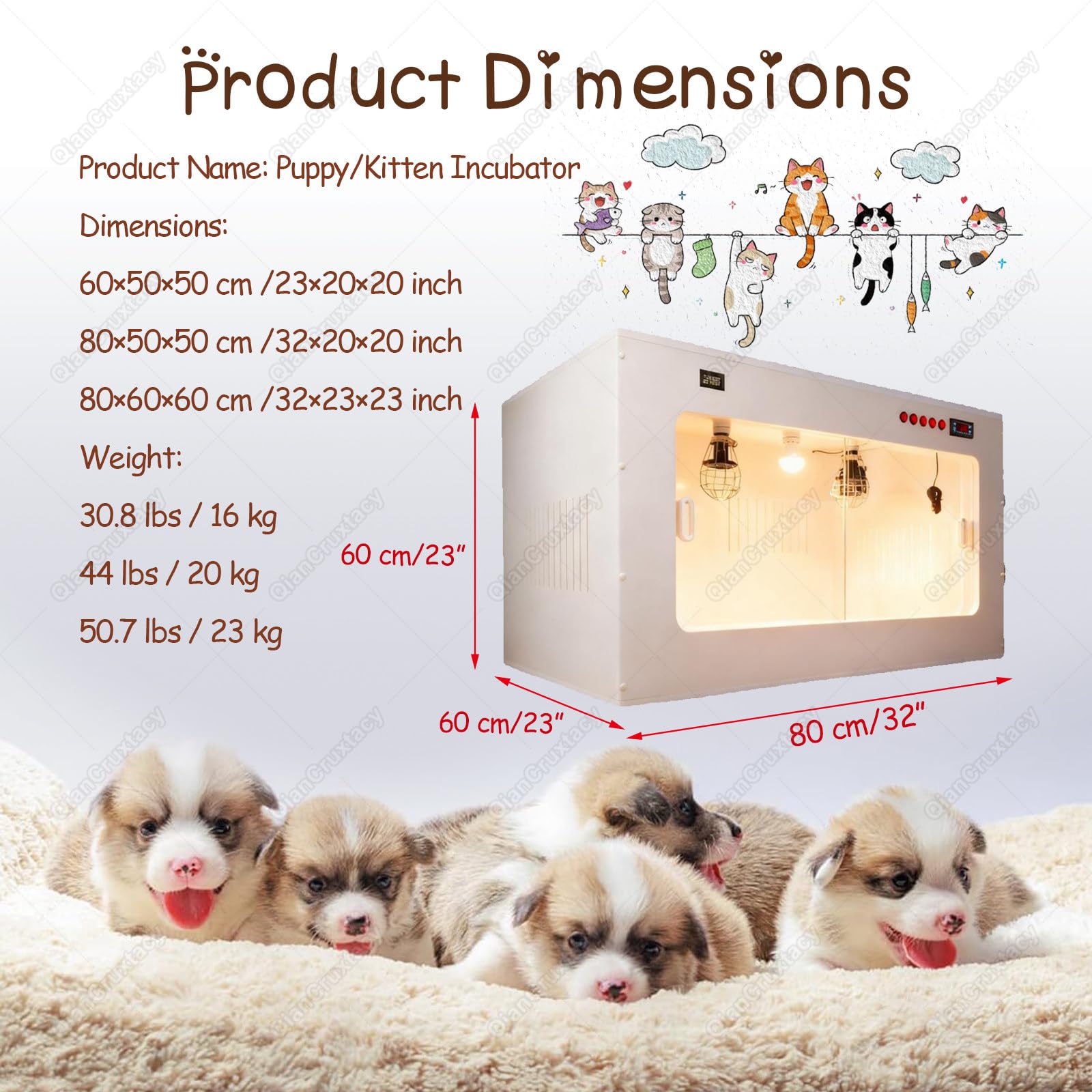 Criadero Grande para Mascotas con S istema de Calefacción, Incubadora de Temperatura Constante para Cachorros Recién Nacidos y Gatitos, Criadores Black-80 * 60 * 60cm