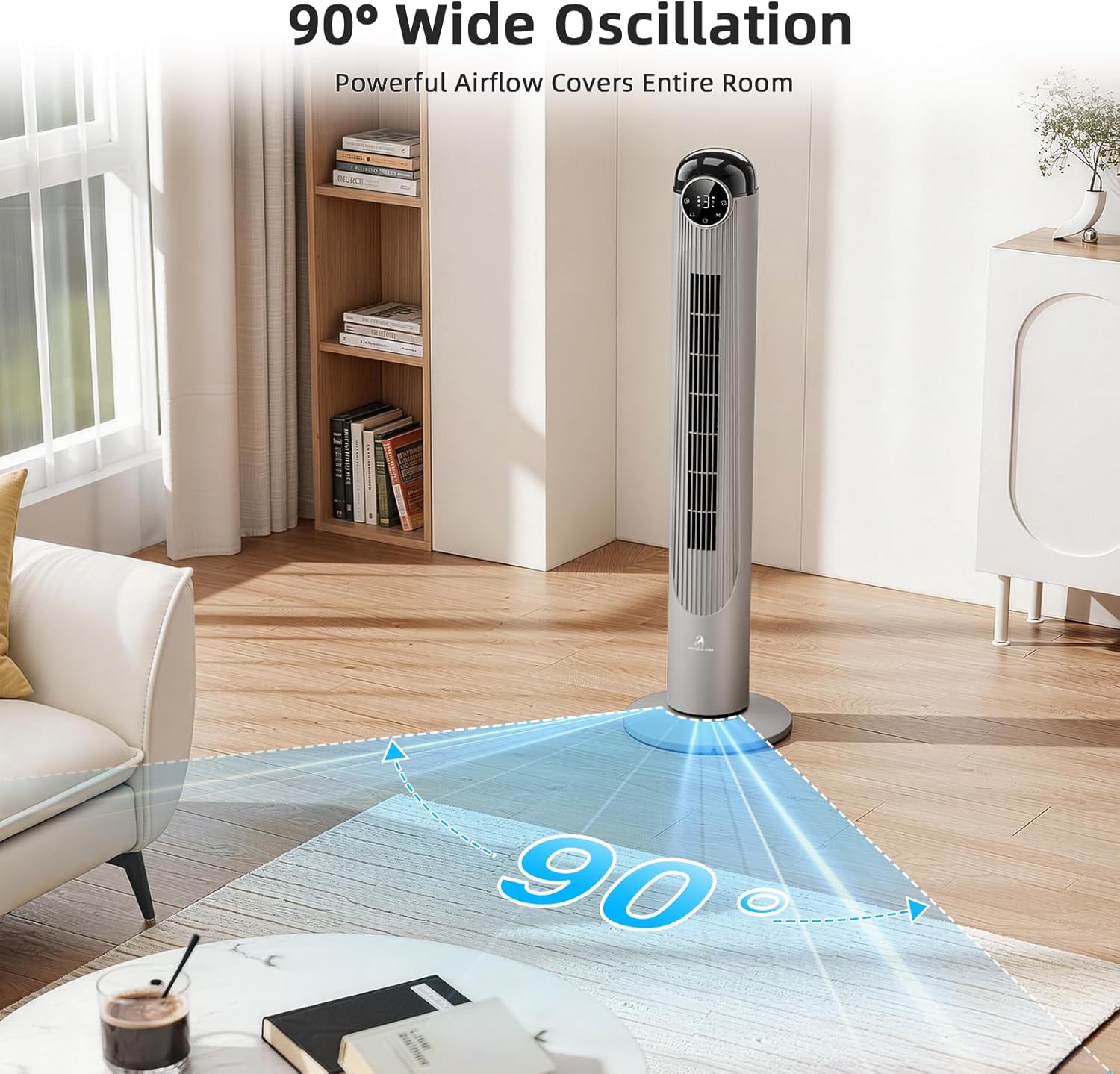 Antarctic Star T42 Tower Fan-42 Inch, Bladeless Oscillating Fan with Remote, 6 Speeds & 4 Modes, LED Display, 9H Timer, Quiet Floor Standing Fan for Bedroom Living Room Office, Grey