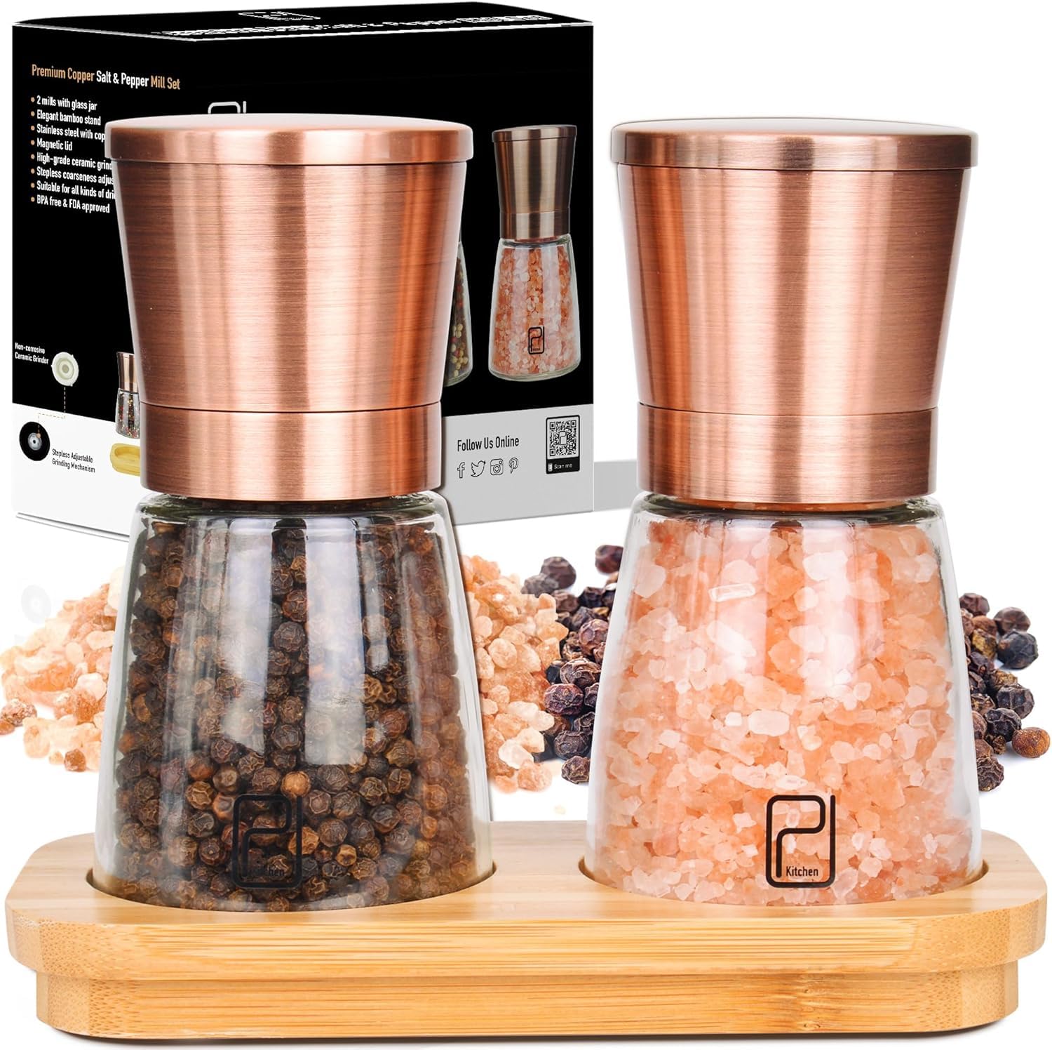 Premium Salt and Pepper Grinder Set with Bamboo Holder - 6 oz, Copper Stainless Steel - S&P Spice Shakers - Refillable & Adjustable Coarseness Hand Mill for Spices & Seasonings - by PJC-Kitchen
