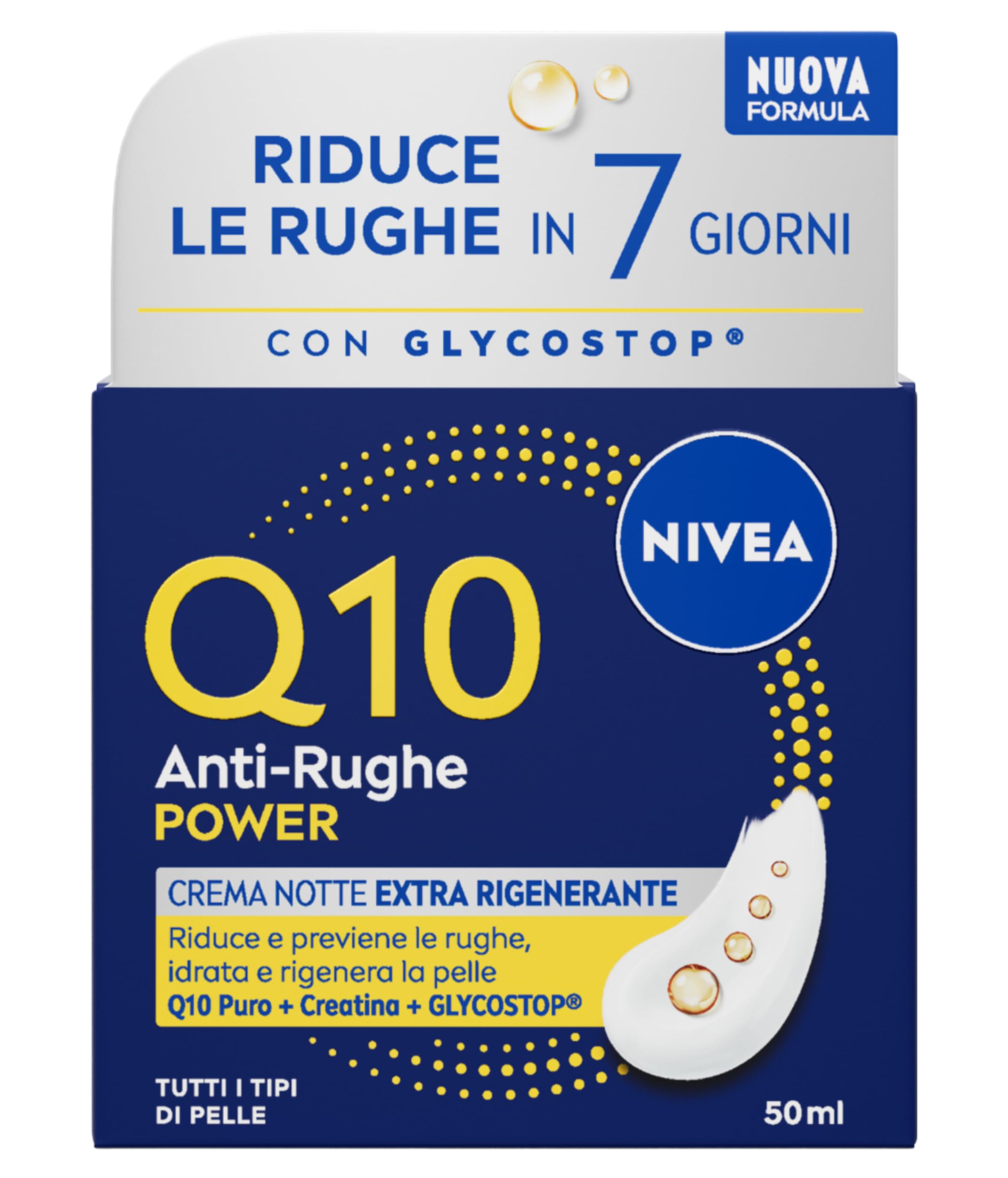 NIVEA Q10 Anti-​Rughe Power Crema Notte Extra Rigenerante 50 ml, Crema notte viso antirughe idratante con Coenzima Q10, Creatina e Glycostop, Skincare ad assorbimento rapido per tutti i tipi di pelle