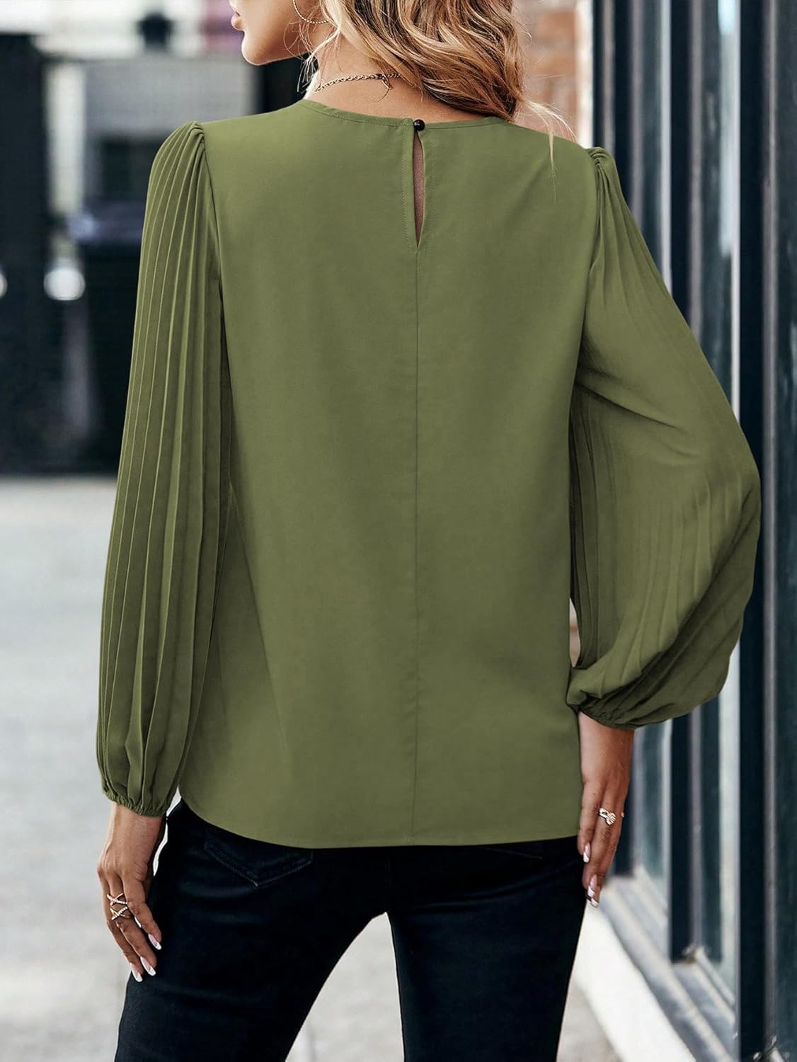 Samefar Womens Pleated Lantern Sleeve Lace Tops Dressy Casual Crewneck Fall Loose Fit Business Work Chiffon Blouses - Image 4