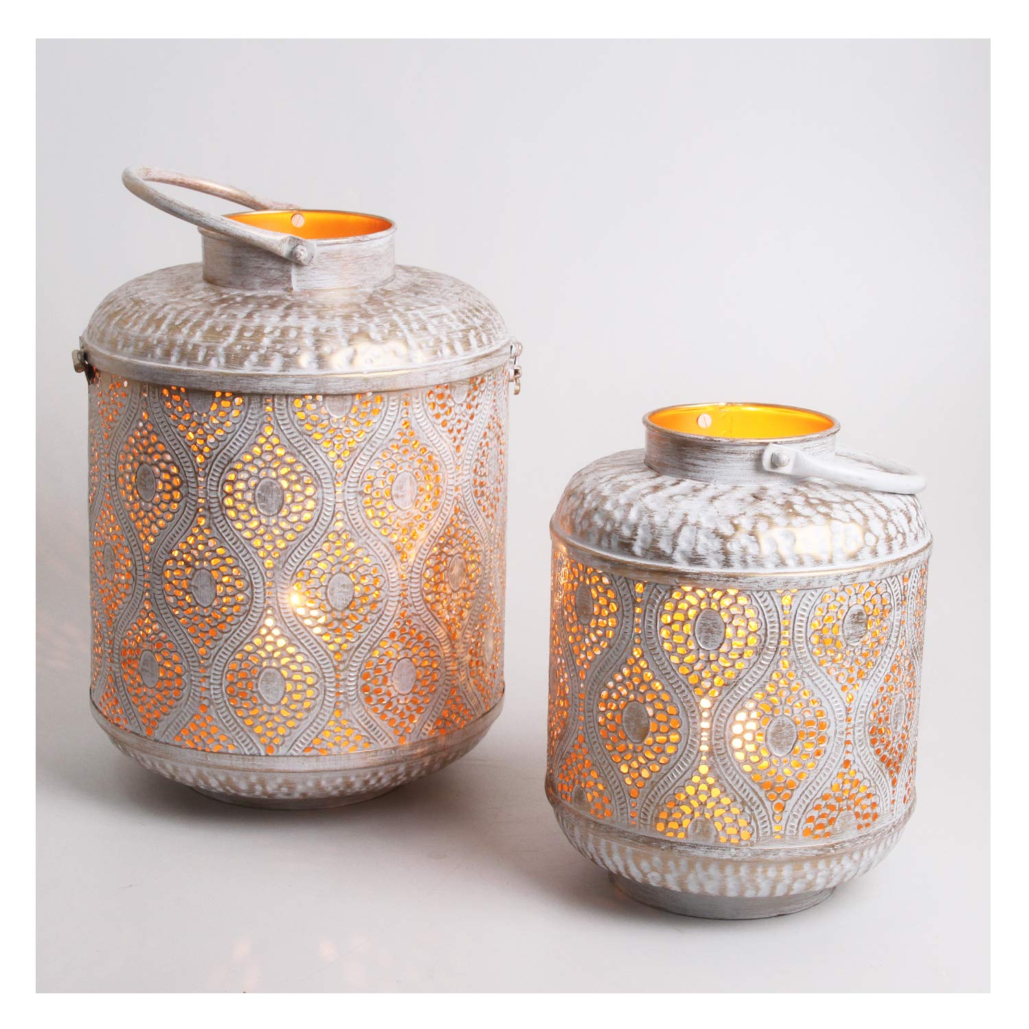 Casa Moro White Oriental Suraya Lantern Set Of 2 In Shabby Chic Gold Metal Moroccan Lantern Standing & Hanging Table Lantern For Easter Mother's Day Wedding Celebration Decoration Irl5020