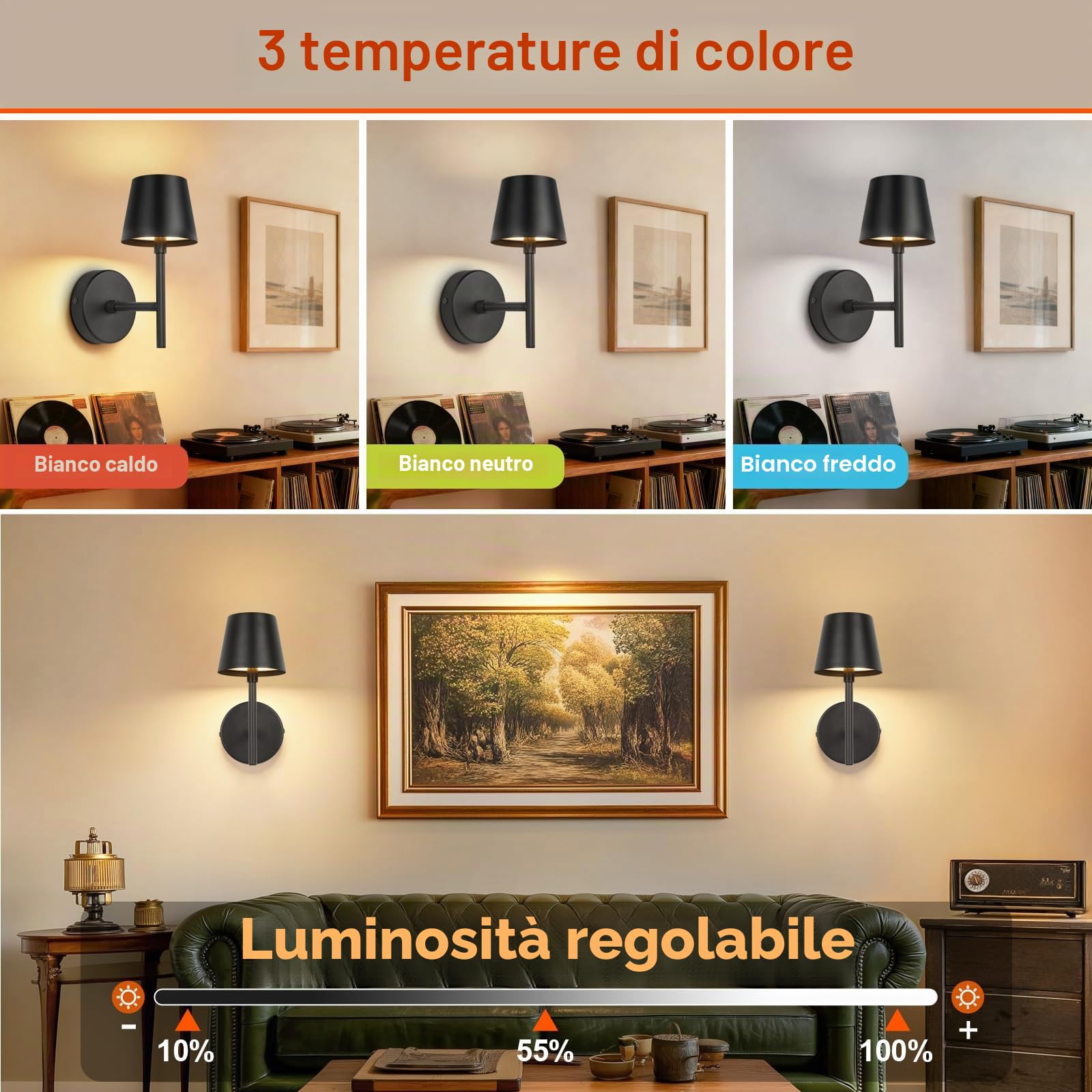 Ketom 2 Pezzi Applique da Parete Interno Senza Fili, con Telecomando | Lampada da Parete Interno Ricaricabile con Telecomando, Lampada da Muro a Batteria, 3 Temperatura Colore, Timer, Dimmerabile