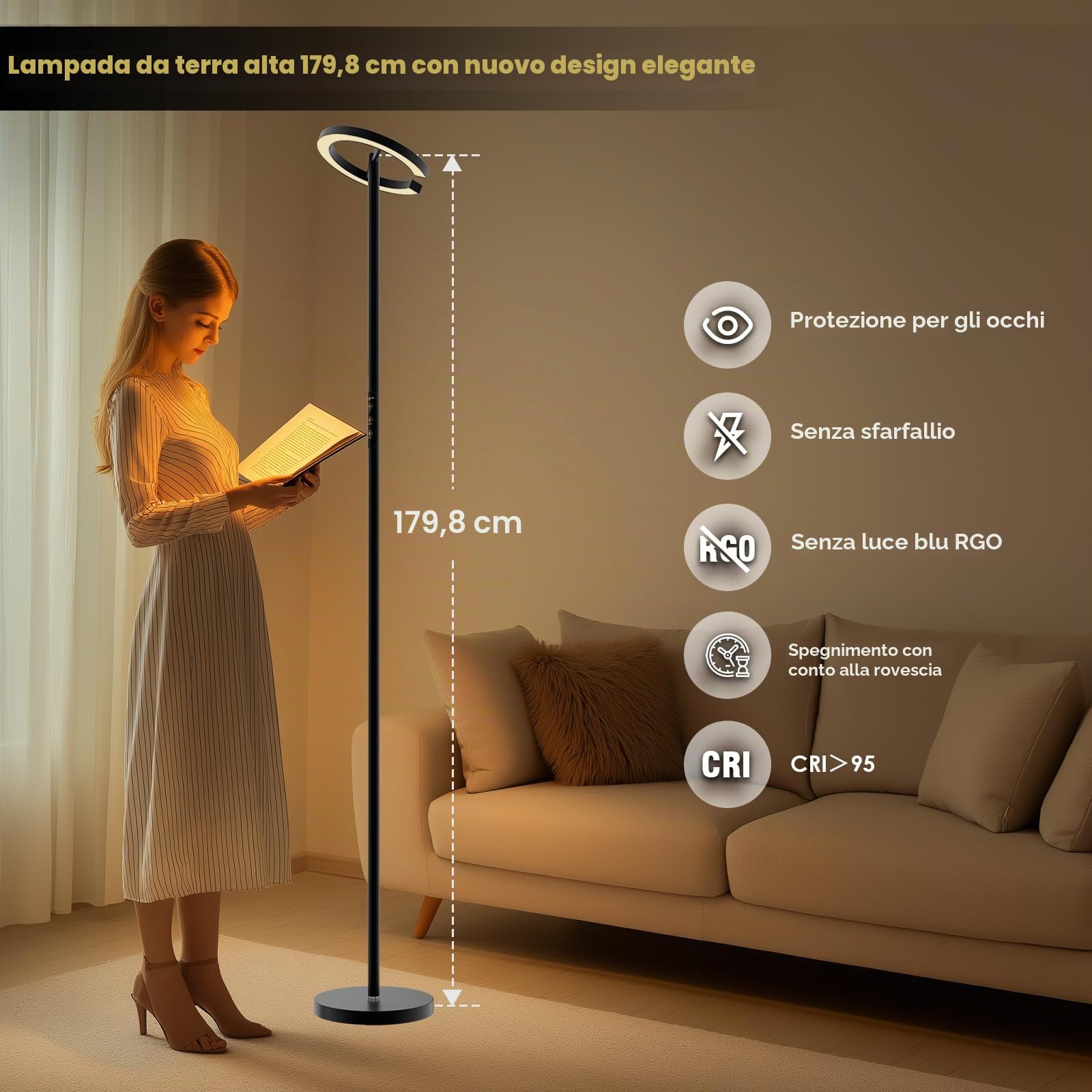 Lampada angolare a LED luminosa da 71 pollici con telecomando (batteria non inclusa), dimmerabile senza interruzioni, lampada da lettura girevole, 2700-6500K, moderna lampada da pavimento luminosa per
