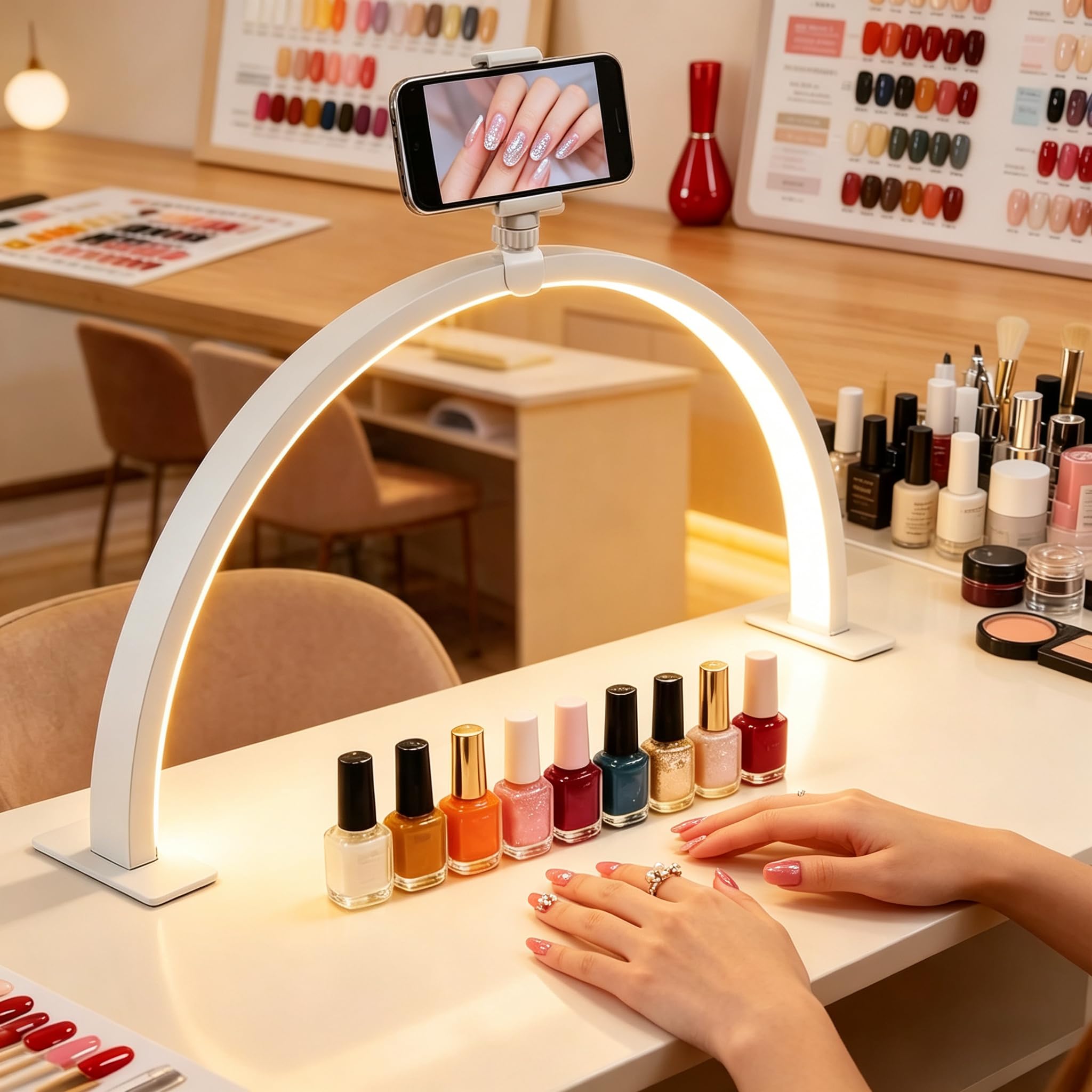 NCONCO Half Moon Light for Nail Desk, Foldable LED Arch Lamp with Phone Holder 3 Color Modes 10 Brightness Levels Nail Lamp for Nail Tech Eyelash Extensions Makeup and Tattoo