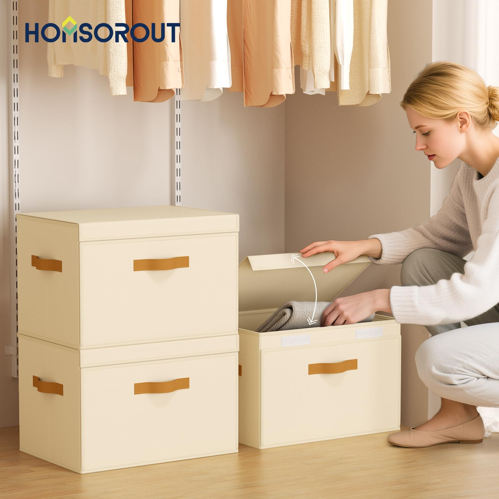 Homsorout Große Aufbewahrungsboxen mit Deckel – Stoff-Aufbewahrungsboxen mit Frontöffnung, Klapp-Schrank-Organizer mit Griffen, faltbare Boxen mit Deckel, dekorativer Korb für Zuhause, Wohnheim