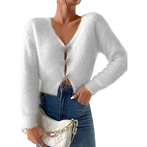 Verdusa Women's Rhinestone Bow Fluffy Long Sleeve V Neck Crop Cardigan Sweater