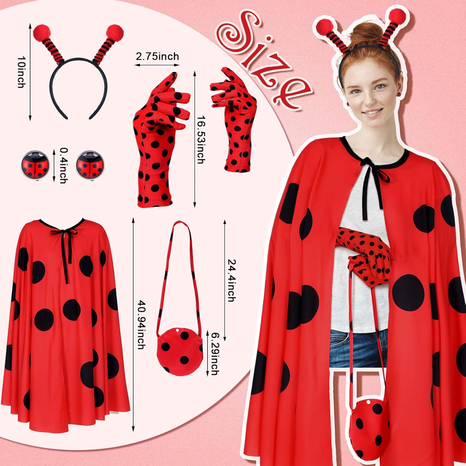 Mepase 5 Pcs Ladybug Costume Set for Women Ladybug Outfits Included Headband Gloves Earrings Bag and Cloak Halloween Birthday Party Cosplay Outfit Clothes - Image 2