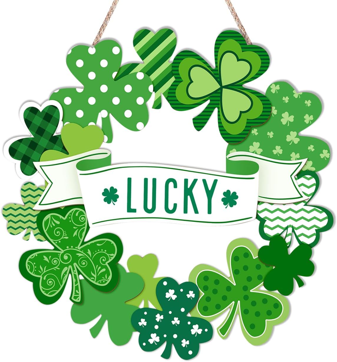St Patricks Day Decorations - Lucky Shamrock Decorations Irish Ornament - Wooden Door Sign Hanging Wreath for Home Wall Farmhouse Indoor Outdoor Decor Party Supplies