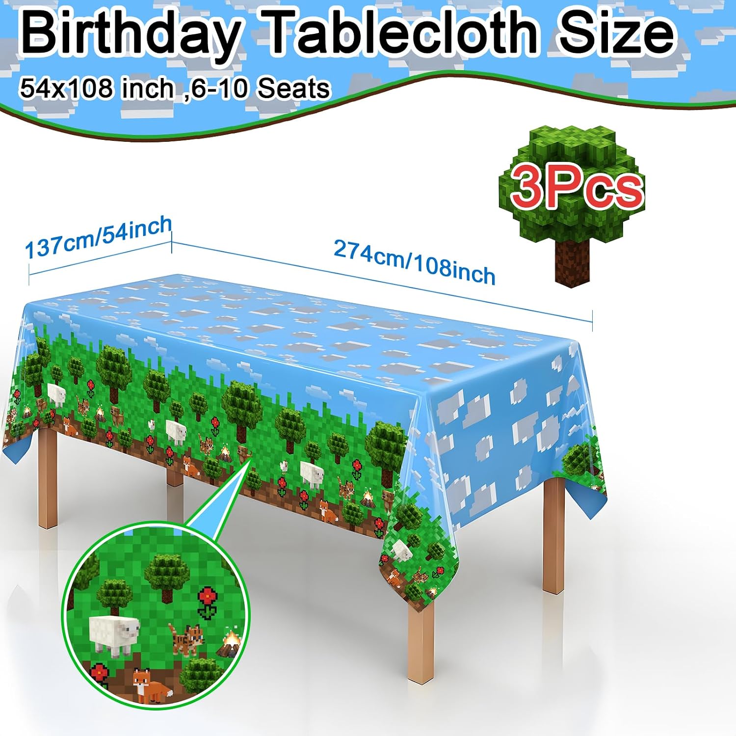 Pixel Miner Tablecloths, 54x108 in, Themed Birthday Party Supplies, Plastic Table Cloth for Craft Party Decorations, Disposable Animals Tablecovers (Animals, 3pcs)