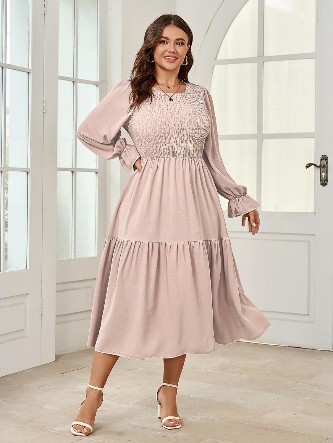 Women's Plus Size Dress Long Sleeve Crewneck Smocked Tiered Flowy Boho Wedding Party Maxi Dresses - Image 4
