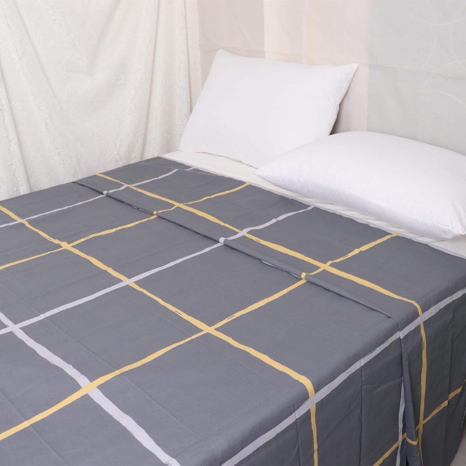 Grey Flat Sheets Queen Size 100 Percent Cotton Checked Printed Top Sheets Ultra Soft Bed Sheets Machine Washable