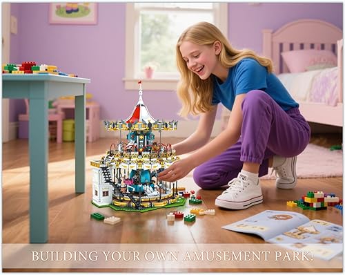 Miniatura 4 de Sosuy Juego de construcción de carrusel, modelo eléctrico motorizado Merry-Go-Round, juguete de parque de atracciones para niños, niñas y