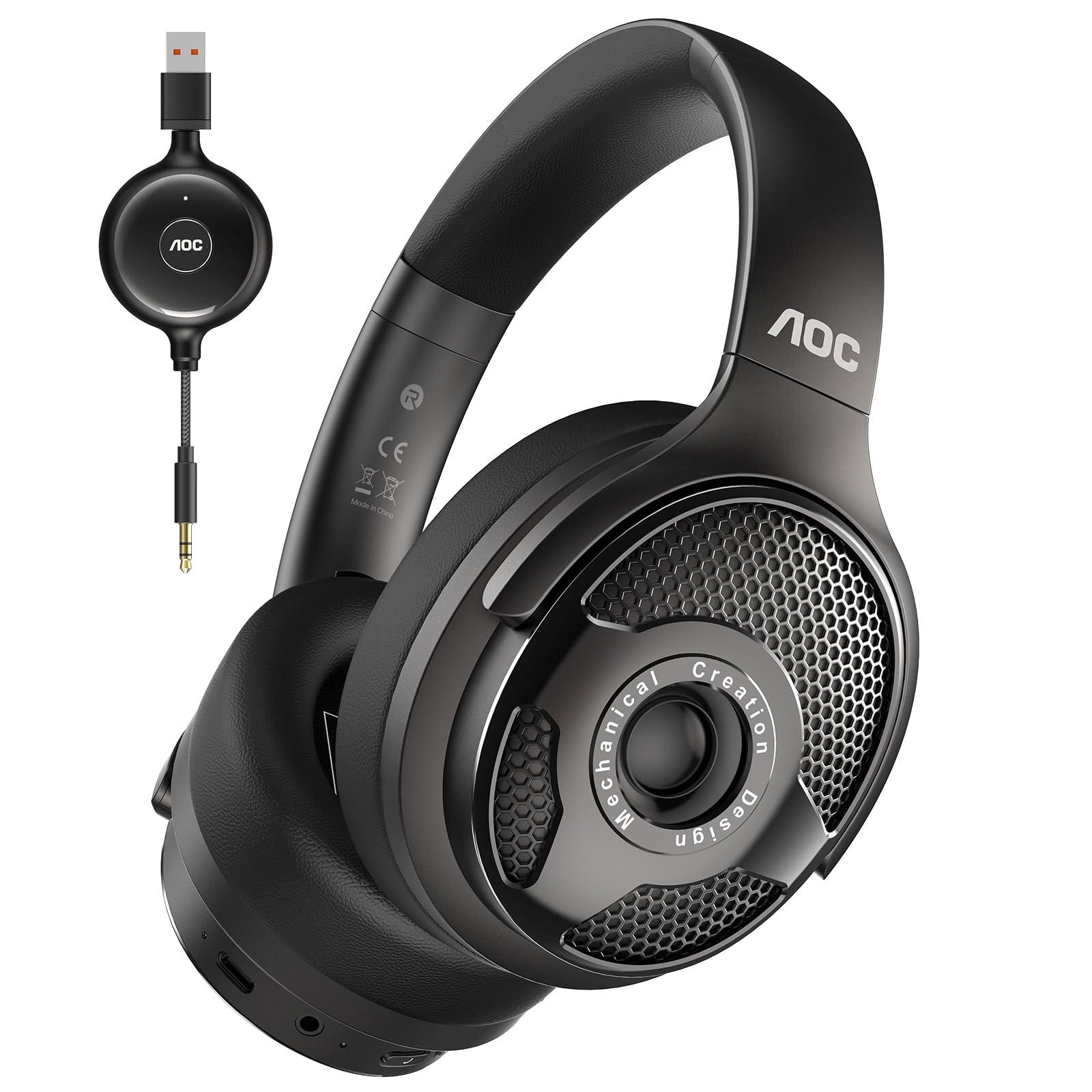 AOC Funkkopfhörer für Fernseher, Wireless TV Headphones mit 48 Std Akkulaufzeit, Keine Audioverzögerung, Blutooth-Kopfhörer, Plug-und-Play, Kabellose TV-Kopfhörer mit TV-Sender für Senioren, Schwarz
