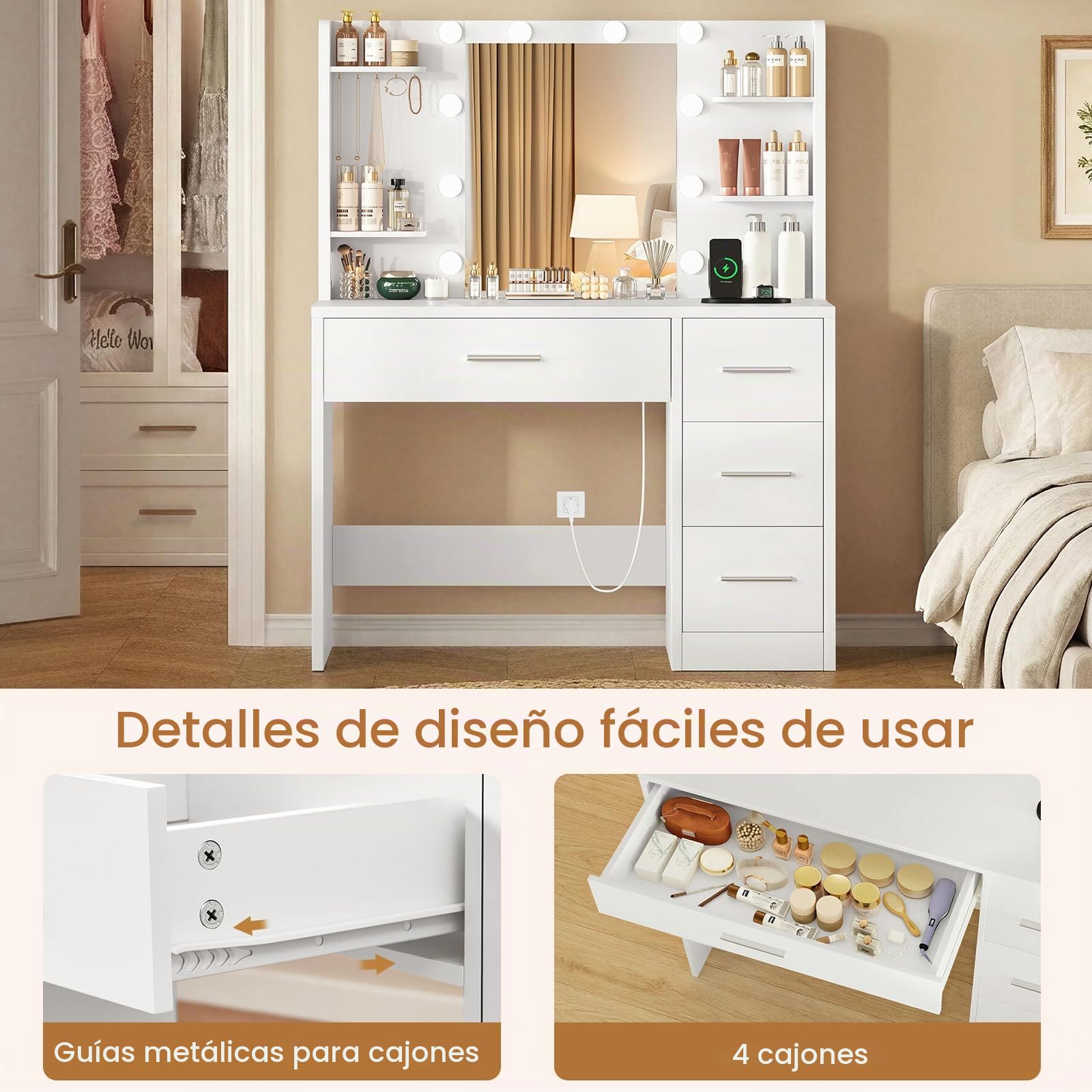 Tocador, Tocador de Maquillaje con Luces y Espejo, Mesa de Maquillaje con Toma de Corriente, Mesa de Maquillaje con 4 Cajones, 4 Estantes Abiertos, 5 Ganchos de Joyería para, Blanco
