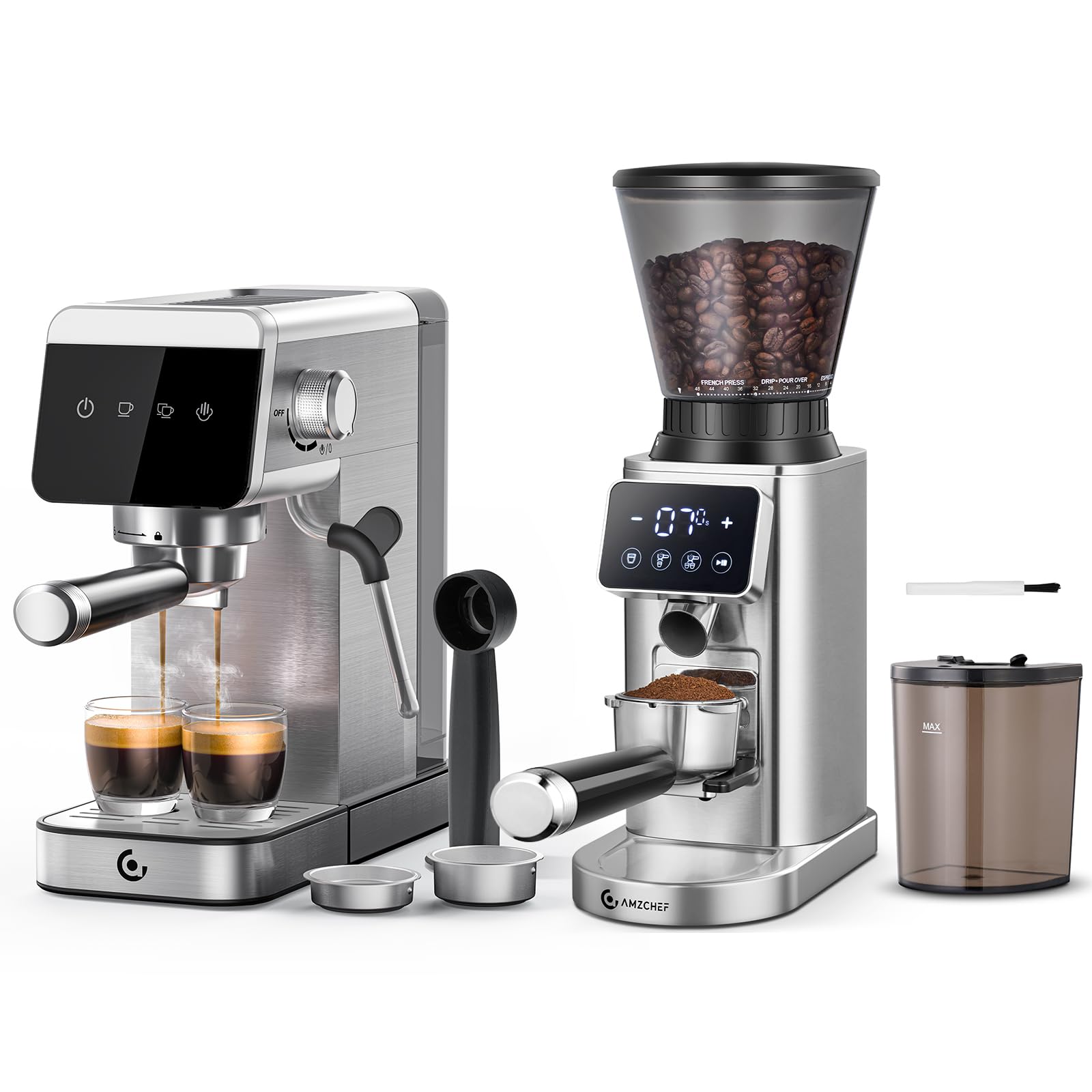 AMZCHEF Siebträgermaschine 20 Bar mit Kaffeemühle Elektrisch Set – Espressomaschine mit 48 Mahlgrade, LED Touchscreen, Milchaufschäumer, 1.2L Tank, Kaffeevollset für Espresso, Cappuccino & Cold Brew