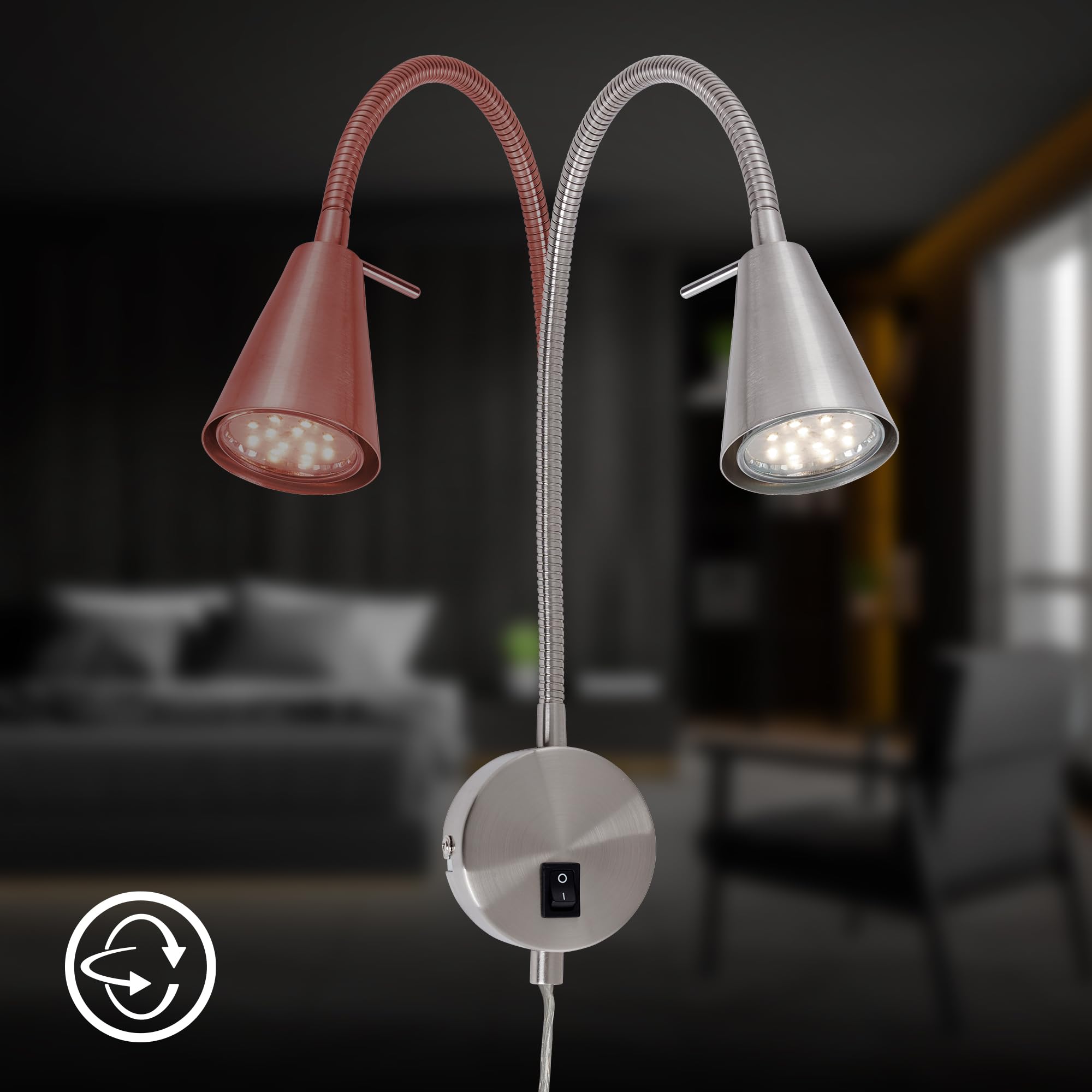 Briloner Leuchten - Lampada da letto a LED,braccio flessibile, incluso interruttore on/off, 4 watt,400 lumen,3.000 Kelvin, metallo,4 W, nichel opaco,450x205 mm (HxA), base: 80 mm (D), testa: 58 mm (D)