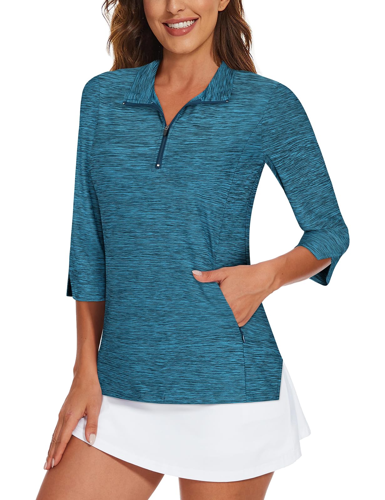 Viracy Women's Golf Shirts 3/4 Sleeve Sun Protection Quarter Zip with Zipper Pockets Athletic Polo Workout Tops S-2XL