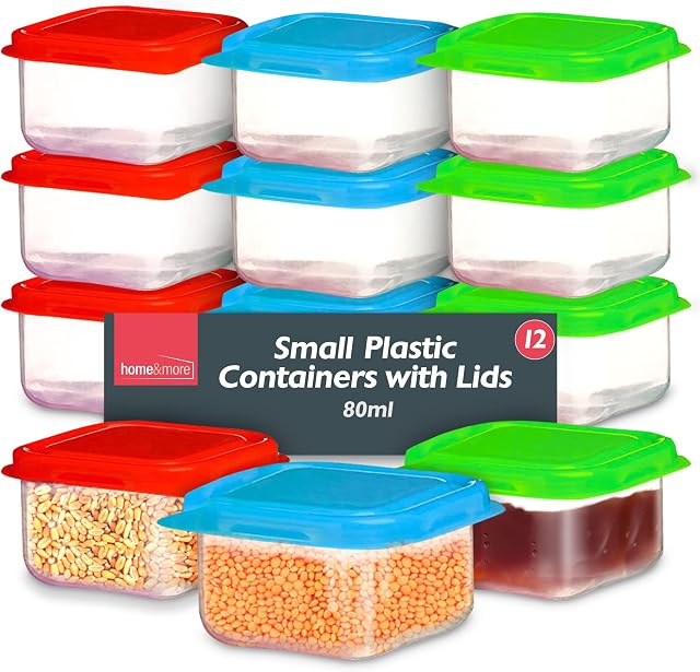 12 Small Plastic Containers with Lids 80ml | Stackable Small Food Containers W6 x D6 x H4 cm | Airtight Colourful Small Storage Containers | Kitchen Storage Small Tubs with Lids