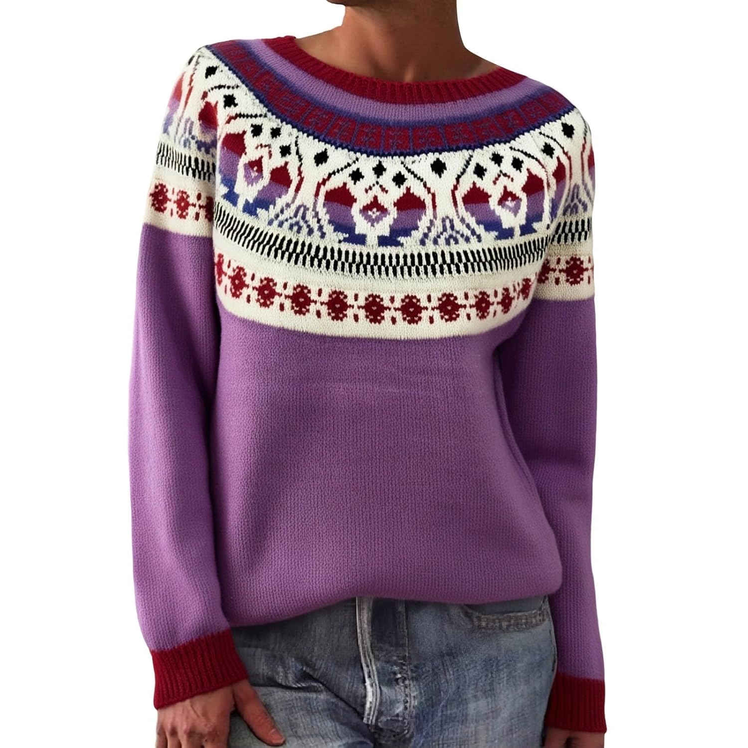 Sweater for Women Knit Boho Retro Winter Fall Fashion Casual Loose Sweaters Crewneck Long Sleeve Lightweight Pullover