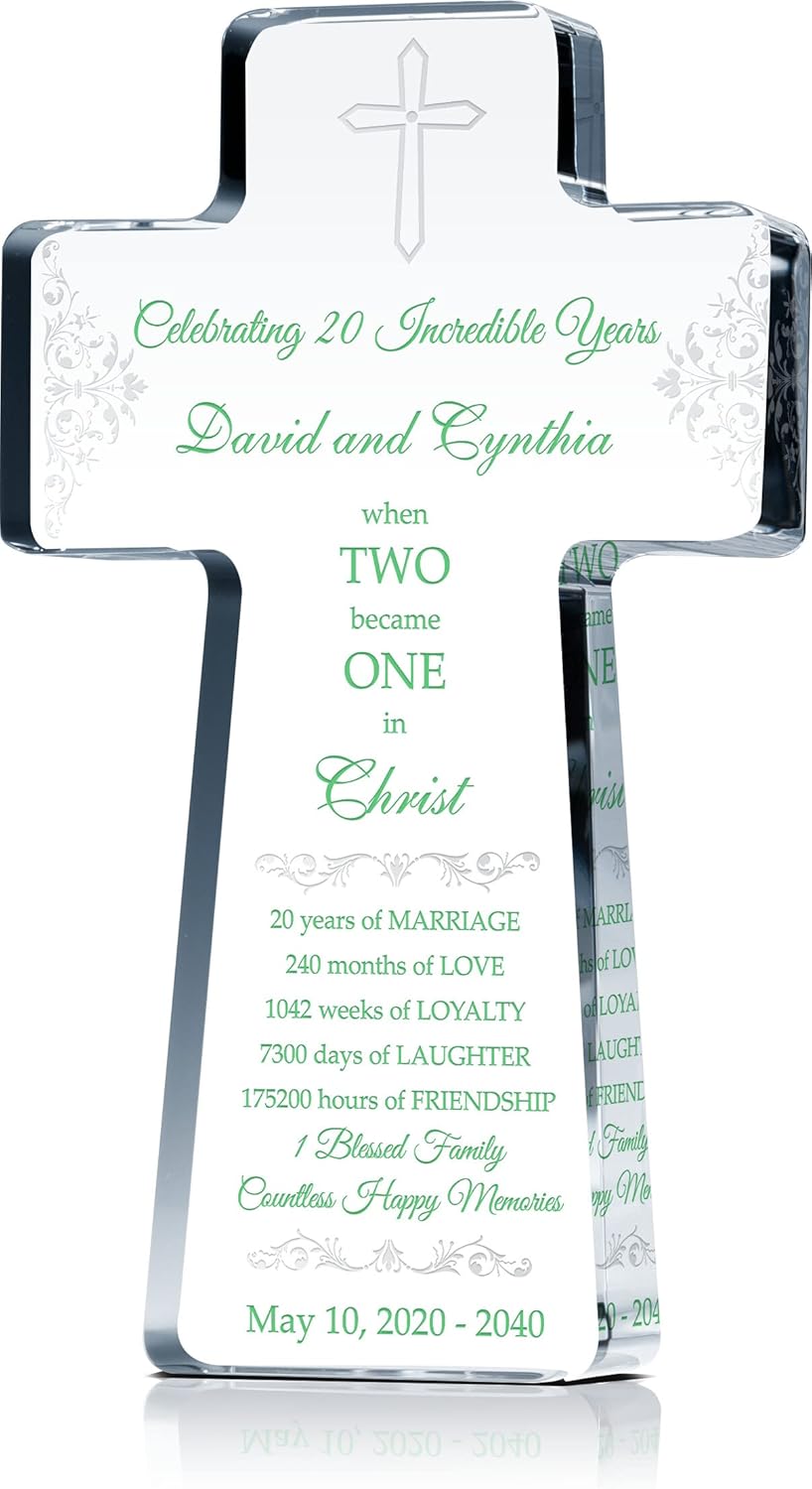 Personalized Christian Gift for 20 Year Wedding Anniversary, Crystal Standing Cross Customized with Couple names and Religious Anniversary Wishes in Traditional 20th Anniversary Colors (L - 10")