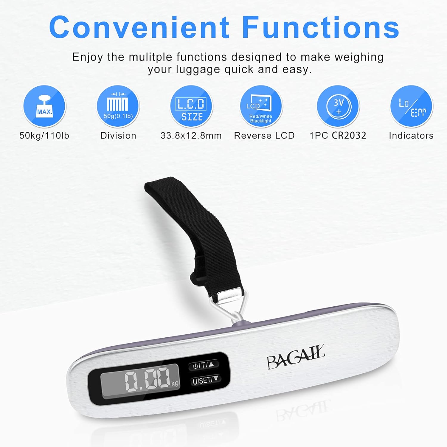 BAGAIL Digital Luggage Scale, Hanging Baggage Scale with Backlit LCD Display, Travel Weight Scale , Portable Suitcase Weighing Scale with Hook, Strong Straps, 110 Lb Capacity, Battery Included (Grey) : Clothing, Shoes & Jewelry