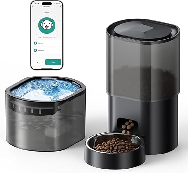 Automatic Cat Feeder and Water Dispenser, 2-in-1 Pet Feeder Automatic with Timer, 3 L Dry Food Feeder, 2.5 L Water Fountain with APP 2.4G WiFi, 1-6 Meal, Stainless Steel Bowl for Cats and Dogs
