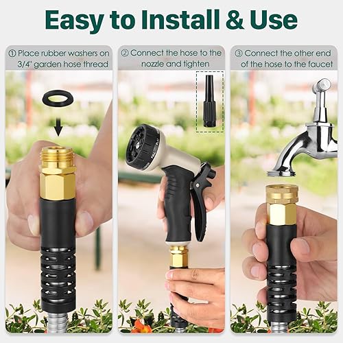 Miniatura 4 de Tesony Manguera de jardín de metal, manguera de agua flexible de acero inoxidable con boquilla de pulverización de 10 patrones ajustables, tubo de