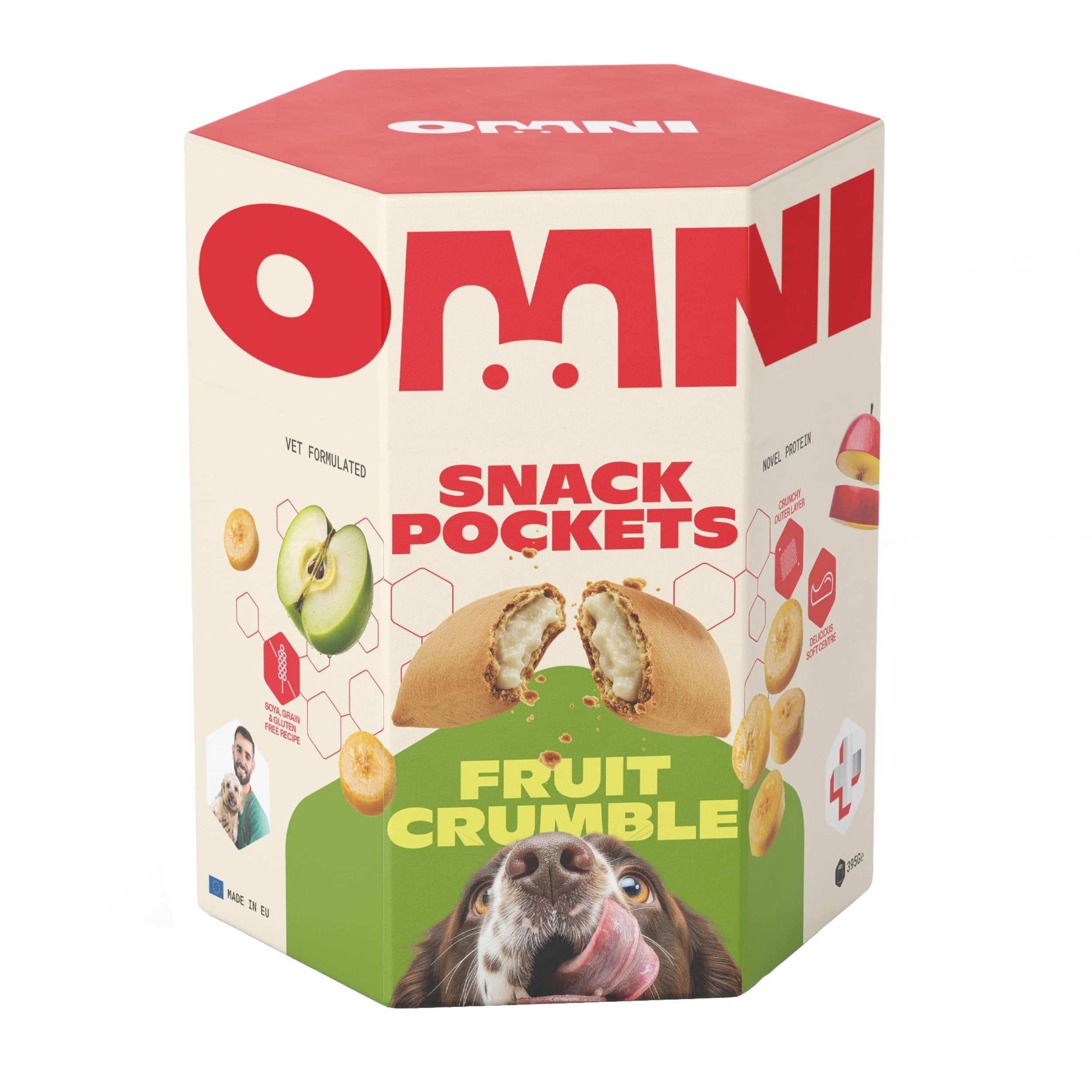 Omni Hypoallergenic Dog Treats - Flavourful Fruit Crumble Snack Pockets with Apple & Banana, Delicious Soft Centre, Vet Formulated, Soya, Gluten & Grain Free Dog Treats, 80g