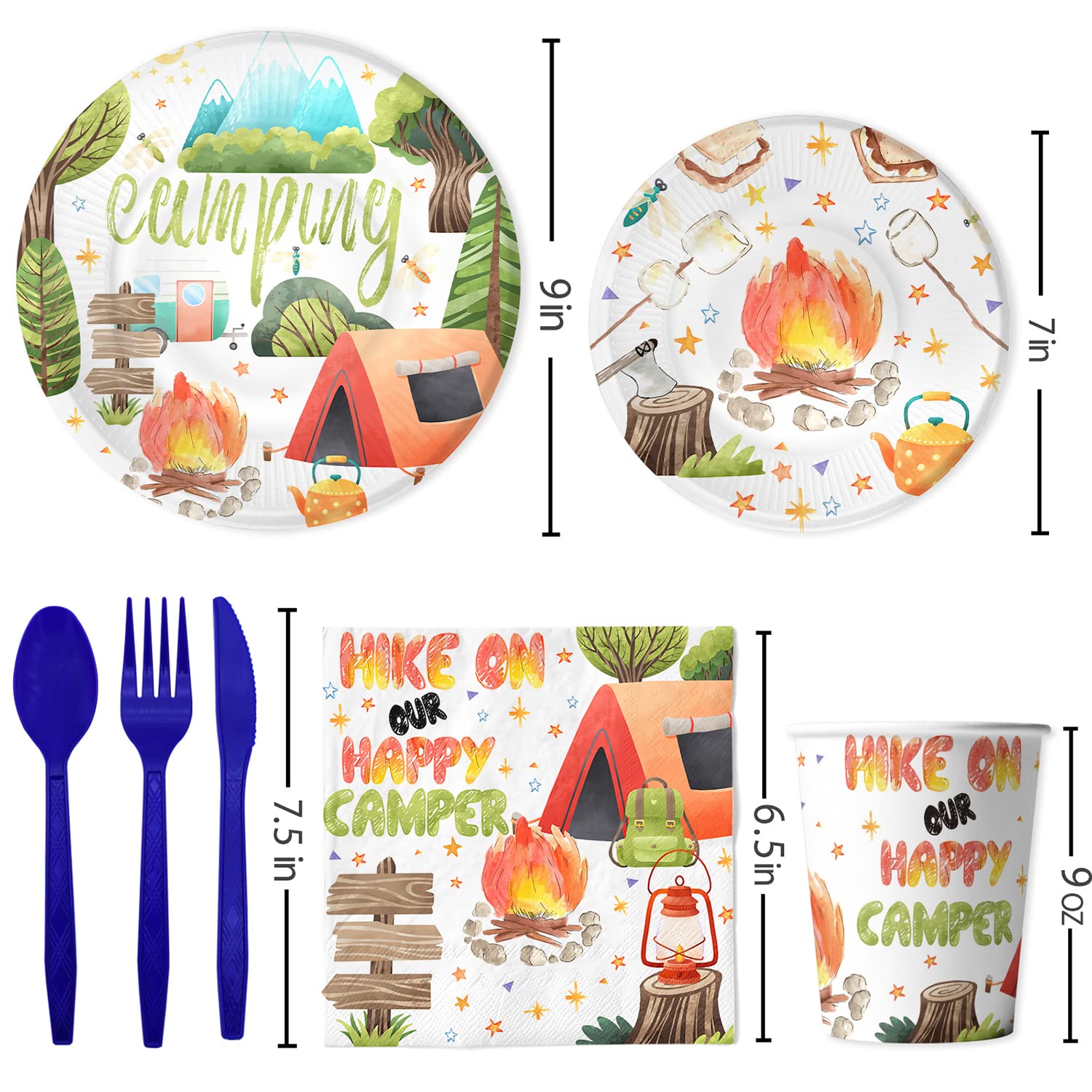 Camping Party Decorations - Campfire Themed Party Plates, Napkins, Cups & Utensils for Kids Birthday, Serves 20 Guests