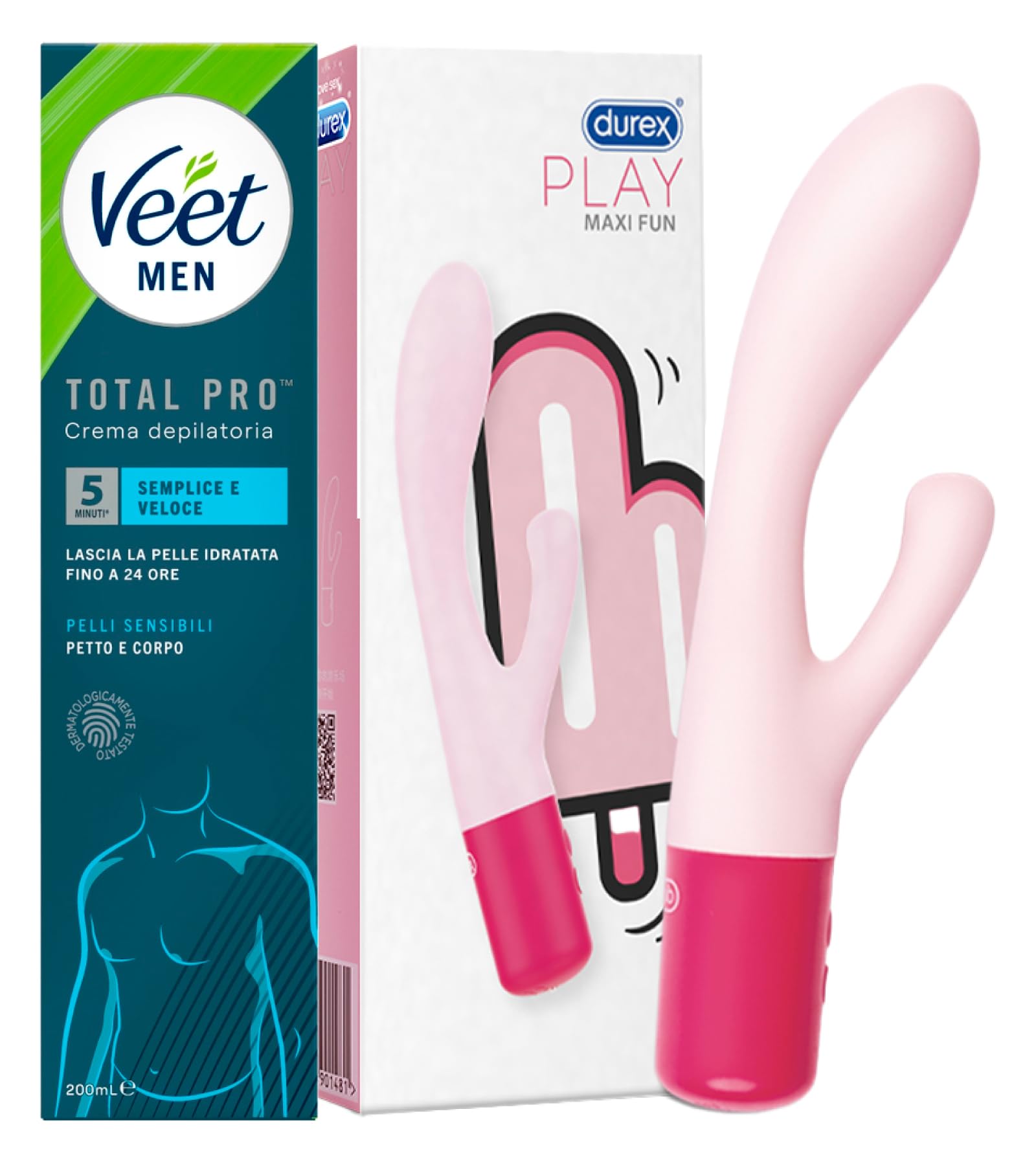 Durex Play Maxi Fun Vibratore Ricaricabile in Silicone Morbido Stimolatore Femminile Waterproof Dual Doppia Estremità + Crema Depilatoria Uomo Petto e Corpo Total Pro Idratante Pelli Sensibili 200ml
