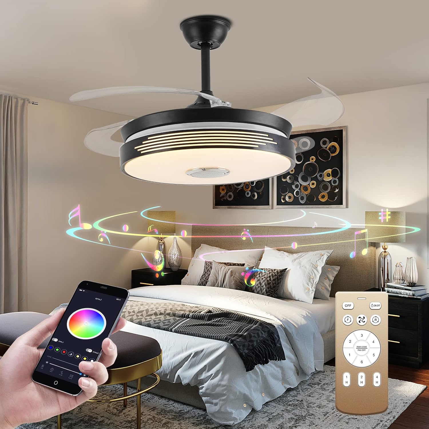 Minfeng 42" Ceiling Fans with Lights Remote Control, LED Fans with Retractable Blades, 6-Speed Airflow; Timer Function 1/2/4H Automatic Off for Bedroom, Kitchen, Living Room. A-Black 42 Inch