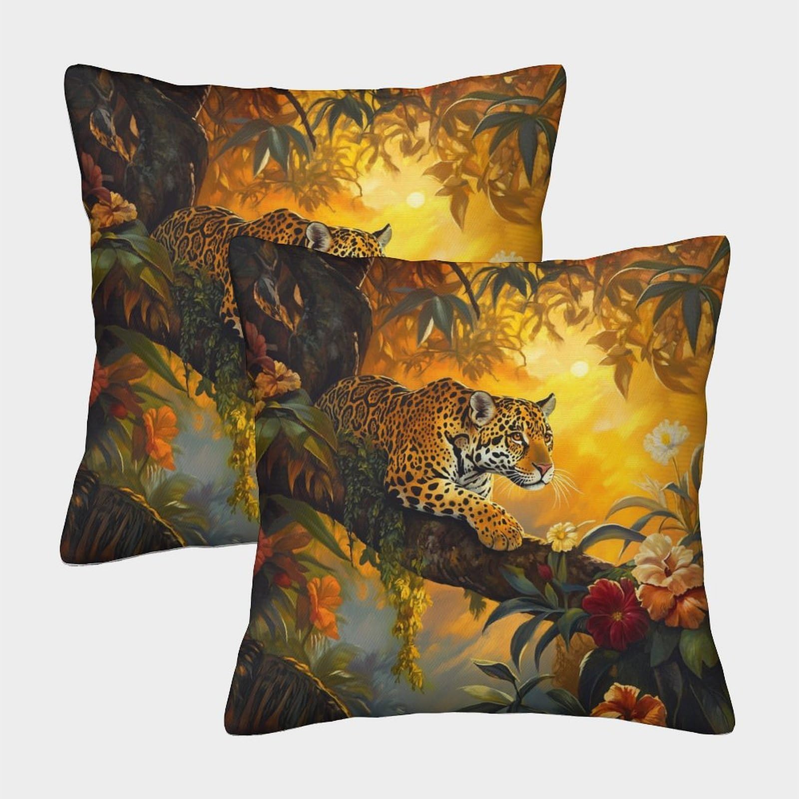 kaiyun 2 Pack Jungle Scene - Jaguar Sitting on A Tree 3D Image Printed Single-sided Cushion Cover 45x45cm