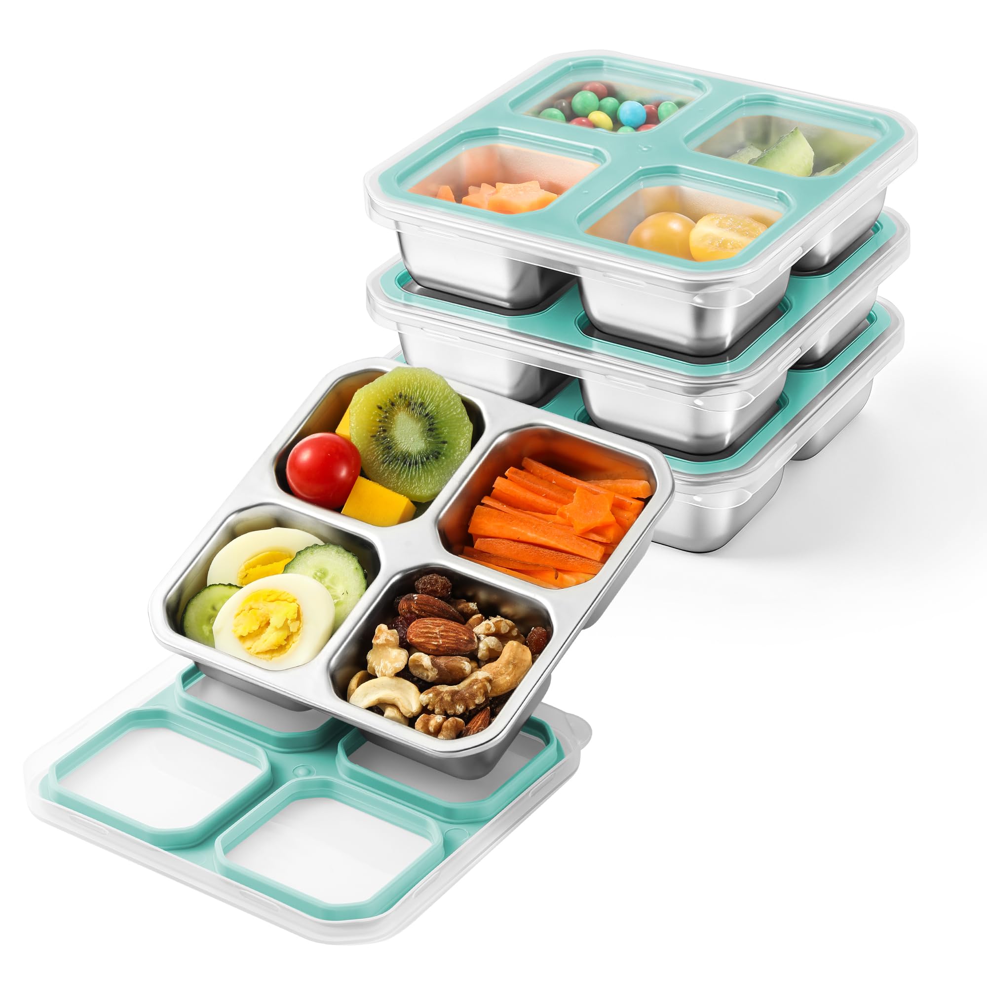 Misichao Snackbox mit 4 Fächern Edelstahl, 400ml Snackdose für Kinder & Erwachsene, Wiederverwendbare Lunchbox Bento Box mit Fächern für Schule, Arbeit & Camping