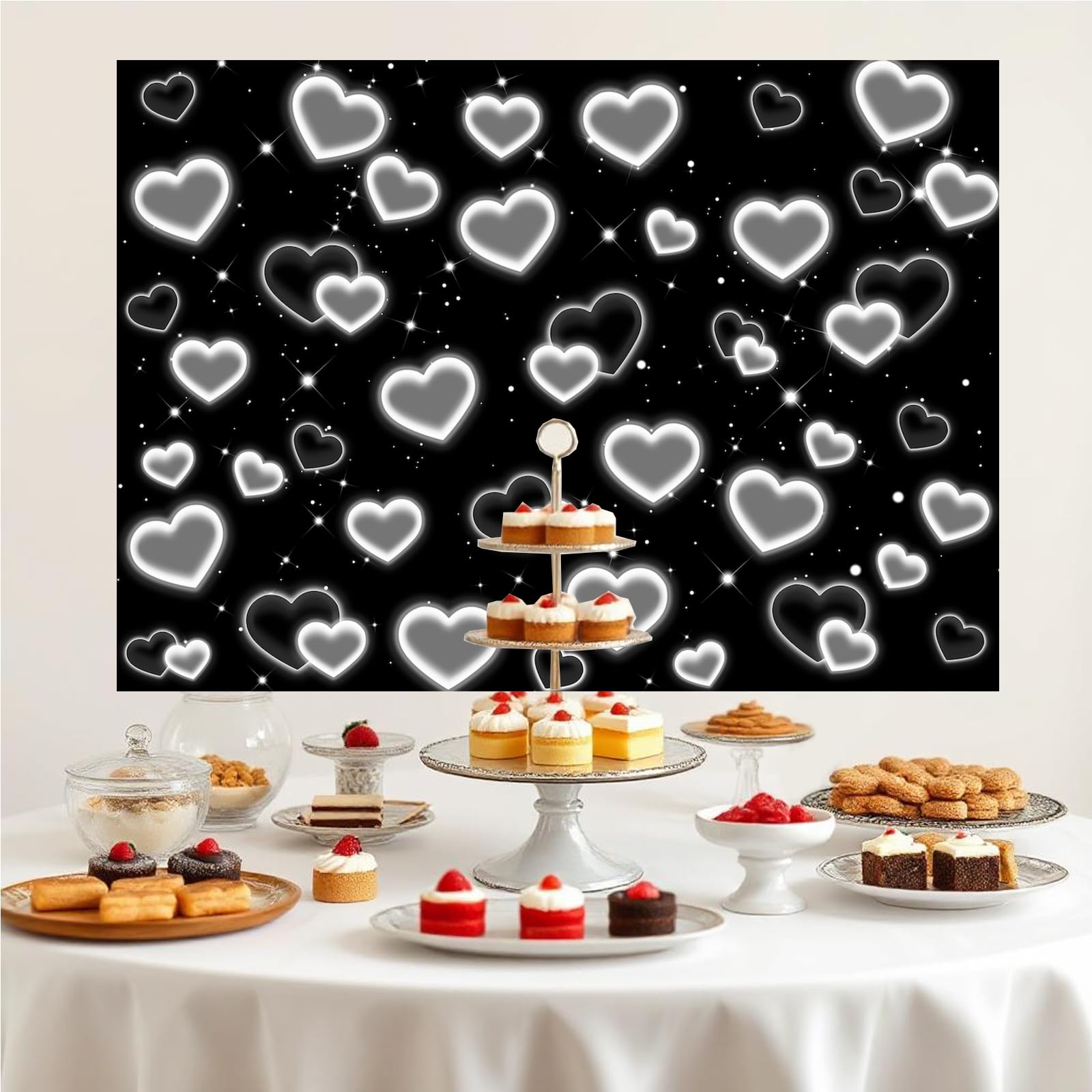 Telón de fondo de corazón negro de los años 90, decoración de fiesta de los años 2000, fondo del día de San Valentín, pancarta de cumpleaños número 16 para niñas y mujeres, compromiso, boda, despedida