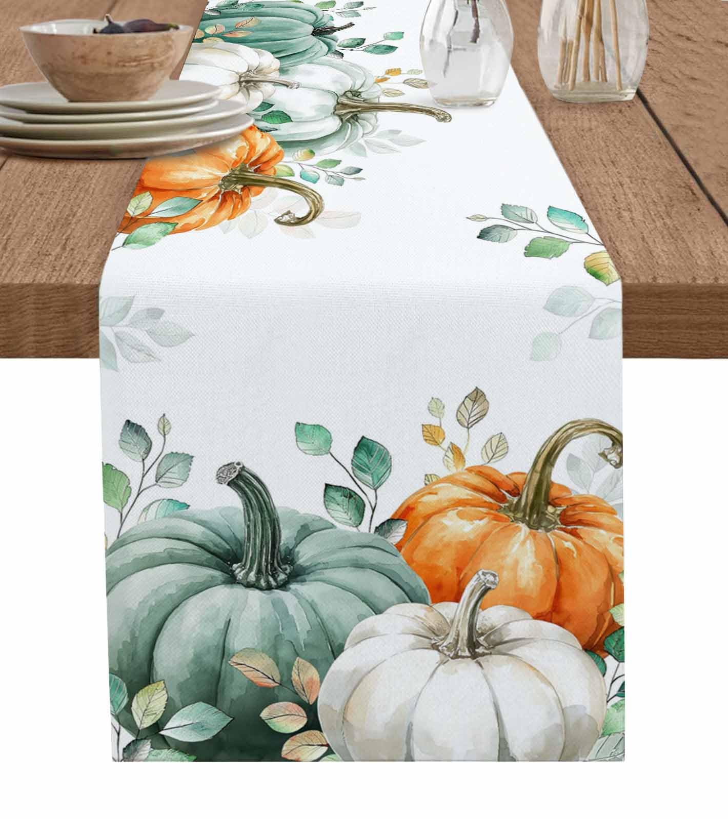 Huotupsine Teal Orange White Fall Cotton Linen Rectangle Table Runners 13"x60", Thanksgiving Pumpkins Coffee Table Runner Dresser Scarves Luxury Table