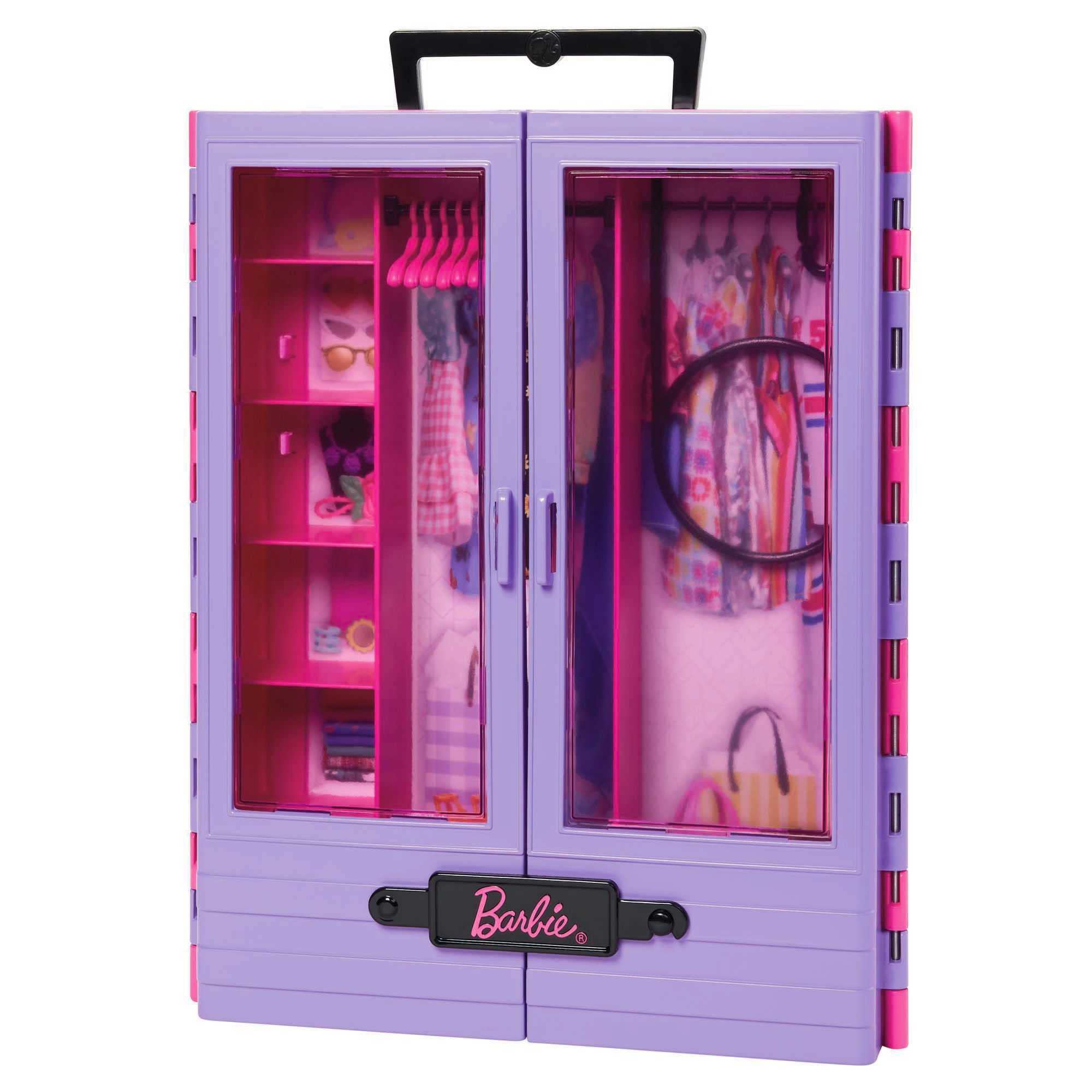 Barbie Fashionistas ultimativer Kleiderschrank, tragbares Modespielzeug mit Puppe, Kleidung, Accessoires und Kleiderbügeln, Geschenk für Kinder ab 3 Jahren, HJL66