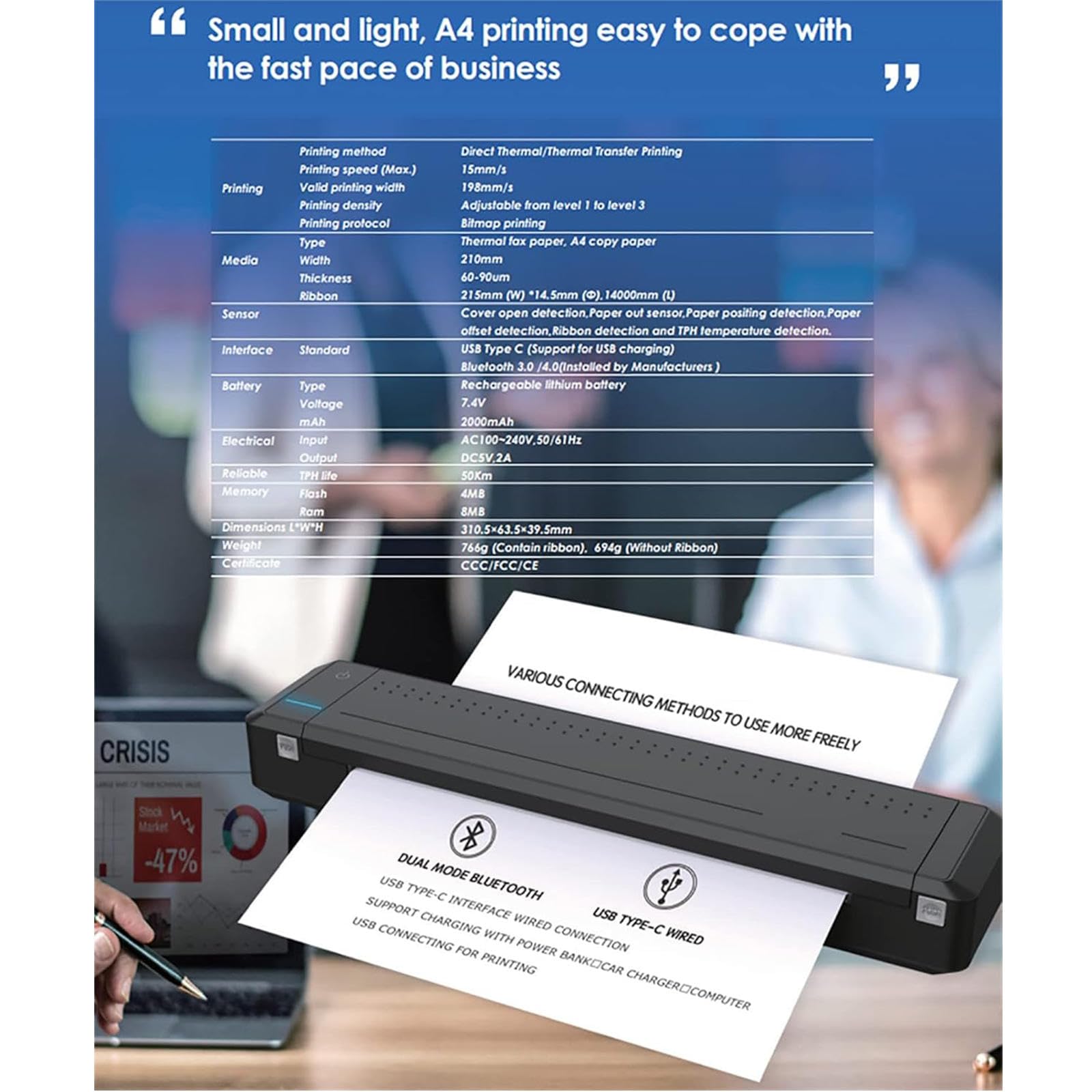 Amazon.co.jp: ポータブルプリンター、300dpiサーマルプリンターA4