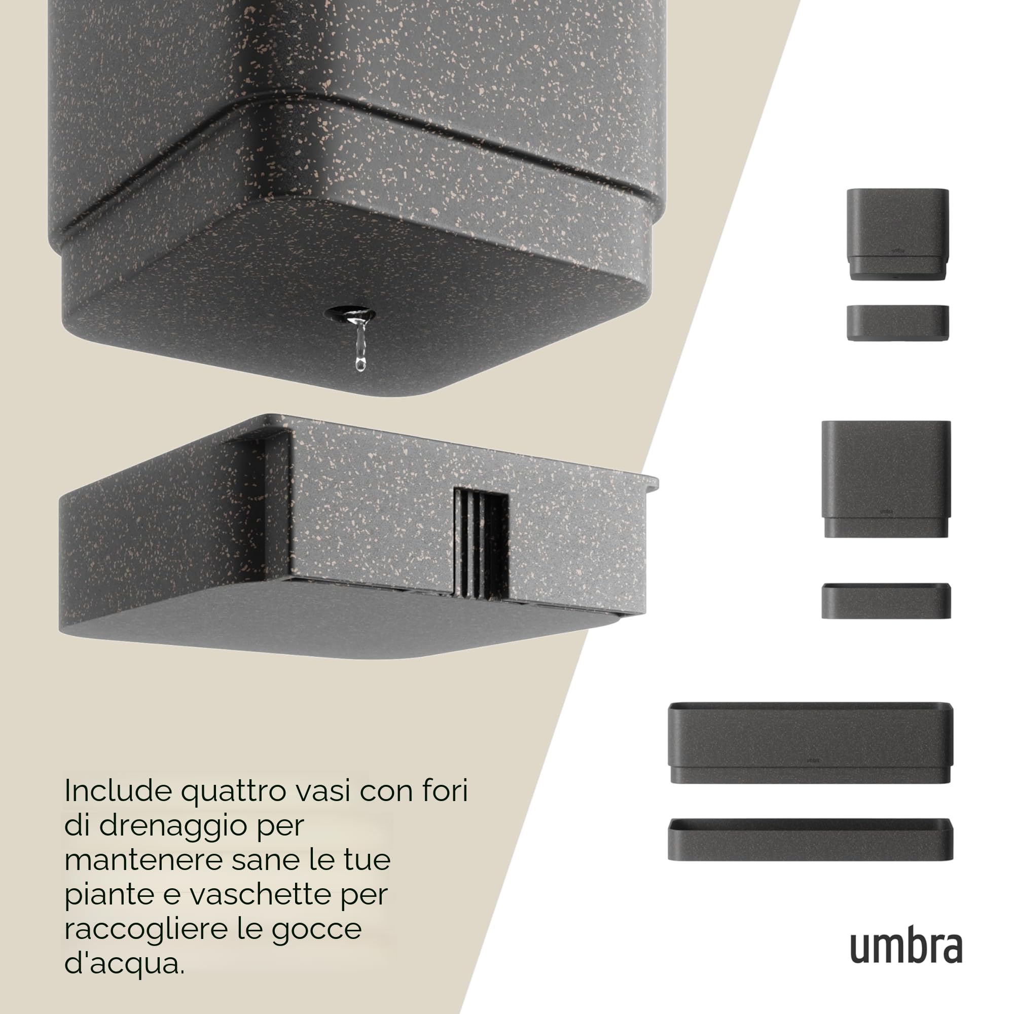 Umbra 1018767-040 Vaso da Parete Moderno e Contemporaneo, Polipropilene (PP) Acciaio Inossidabile Acrilonitrile butadiene stirene (ABS), Nero, 4 pots