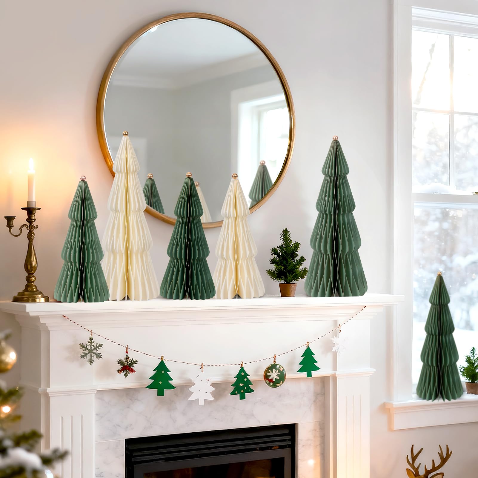 SUNBEAUTY 6 Stück weihnachtsdekoration Tischdeko matt Grün 3D Papier Weihnachtsbaum Waben Papiertannenbäume mit Metallkugel Christmas Baumschmuck Deko für Esstisch Schrank Fensterbank Kaminsims