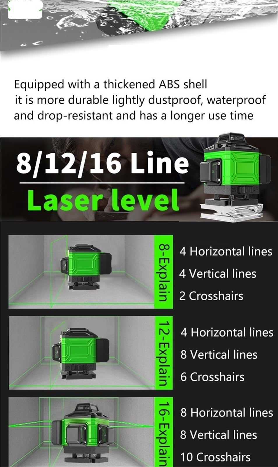 Nivel láser, Nivel Láser 4D, Herramienta De Nivelación Automática 360 ​​°, Máquina Omnidireccional Pared Suelo Con Soporte Trípode 1', 2M, 8/12'/16 Líneas,para carpintería(A,8 lines)