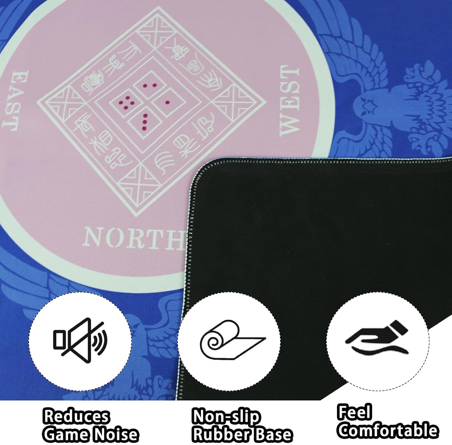Mahjong Mat, Non-Slip Noise Reduction Card Game Mat with Carrying Bag, Waterproof Table Mat for Mahjong/Poker/Board Games/Dominoes, Blue, 32.4x32.4 Inch