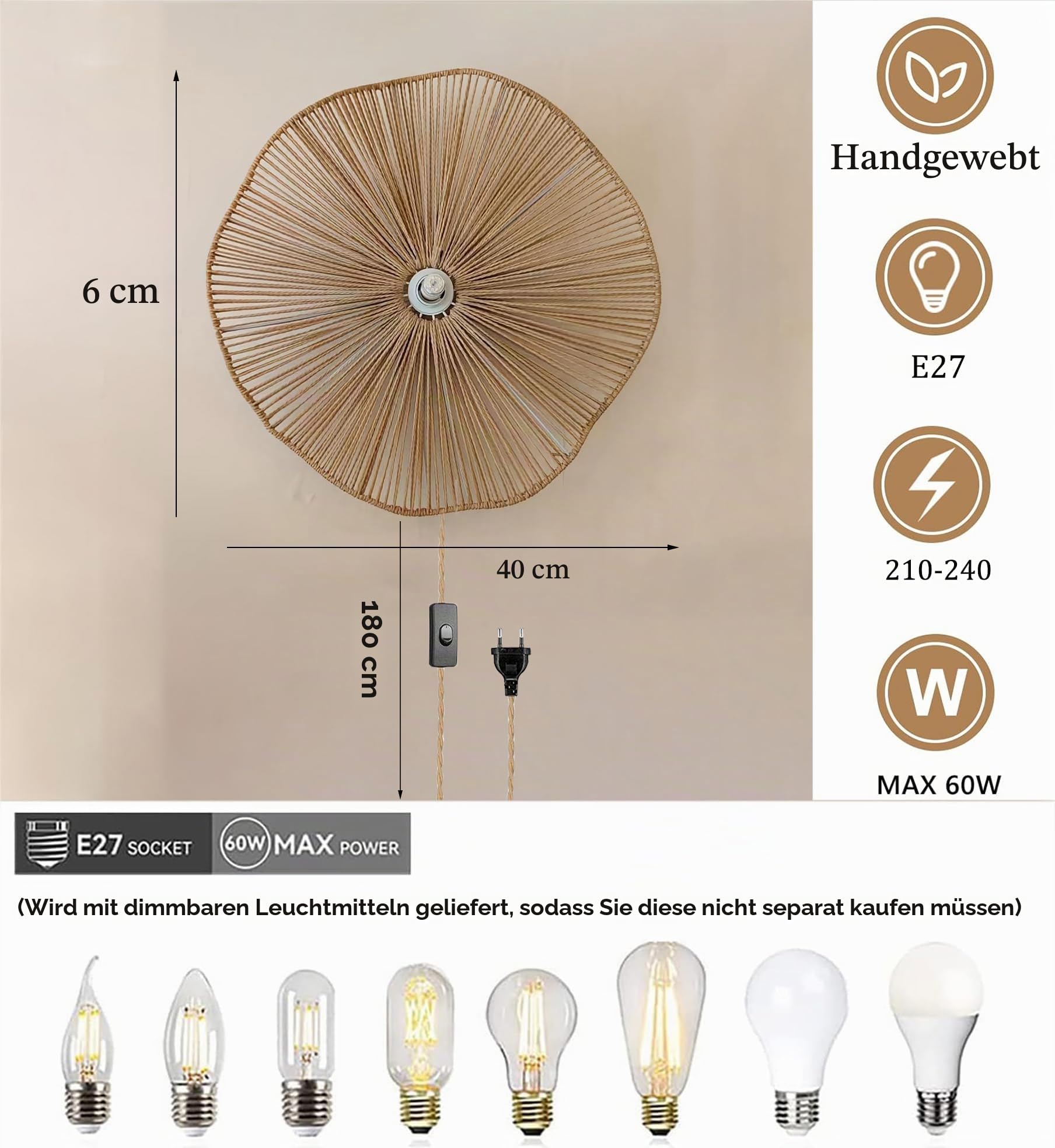 KZT 40CM Vintage Wandlampe mit Dimmbar Schalter und Stecker Boho Rattan Wandleuchte Innen E27 Nachttischlampe Rustikal mit 180cm Kabel für Schlafzimmer Wohnzimmer Flur Cafe