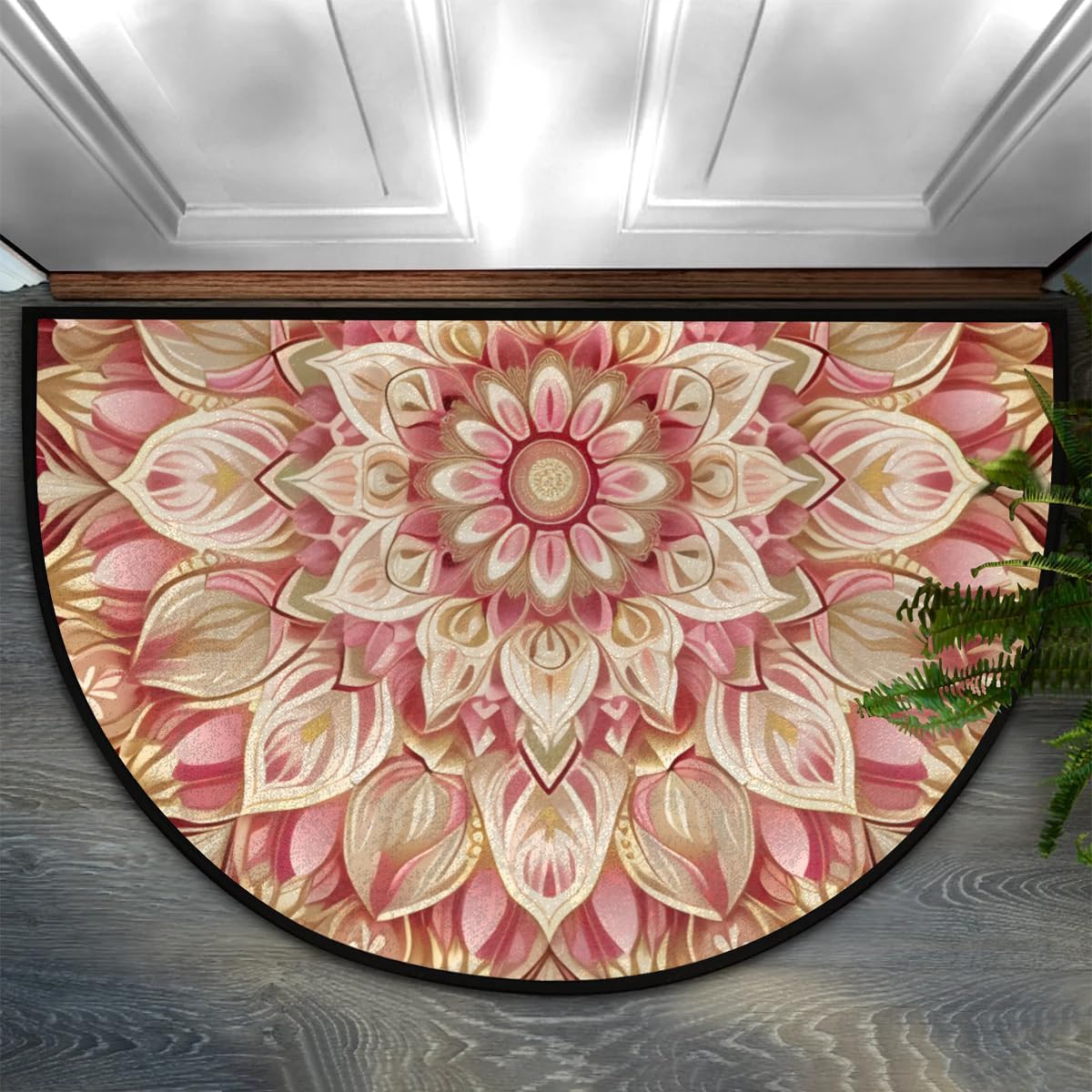 cfpolar Half Round Door Mat Ethnic Mandala Flower Non-Slip Semi Circle Area Rug Washable Half Moon Hearth Rugs for Indoor Outdoor Bathroom Kitchen Patio Runner Mat Laundry Room Home Decoration