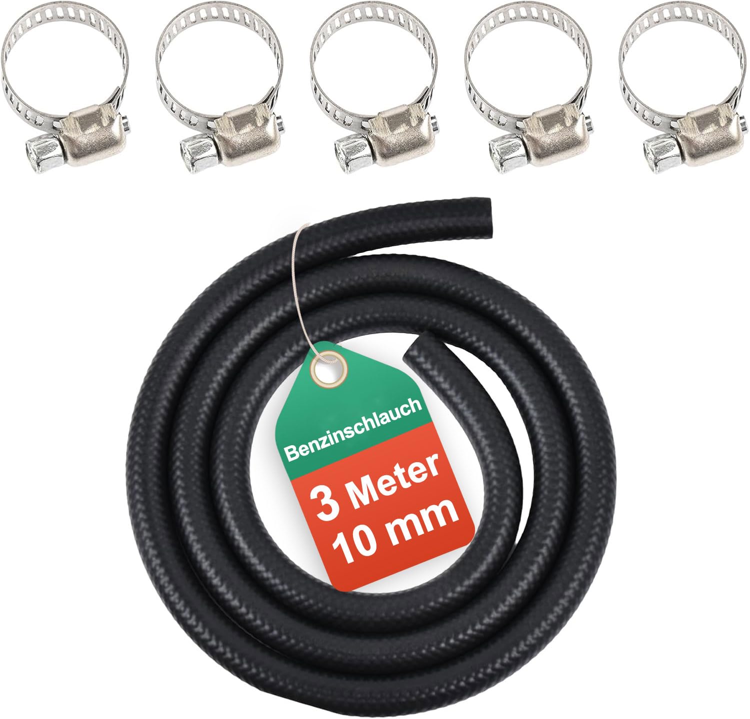 3 Meter Benzinschlauch 10 mm Innendurchmesser Dieselleitung 3/8" Kraftstoffschlauch 10mm mit 5 Stücke Schlauchschellen Kraftstoffleitung für Rasenmäher, Auto, Traktor, Kleine Motoren, motorrad