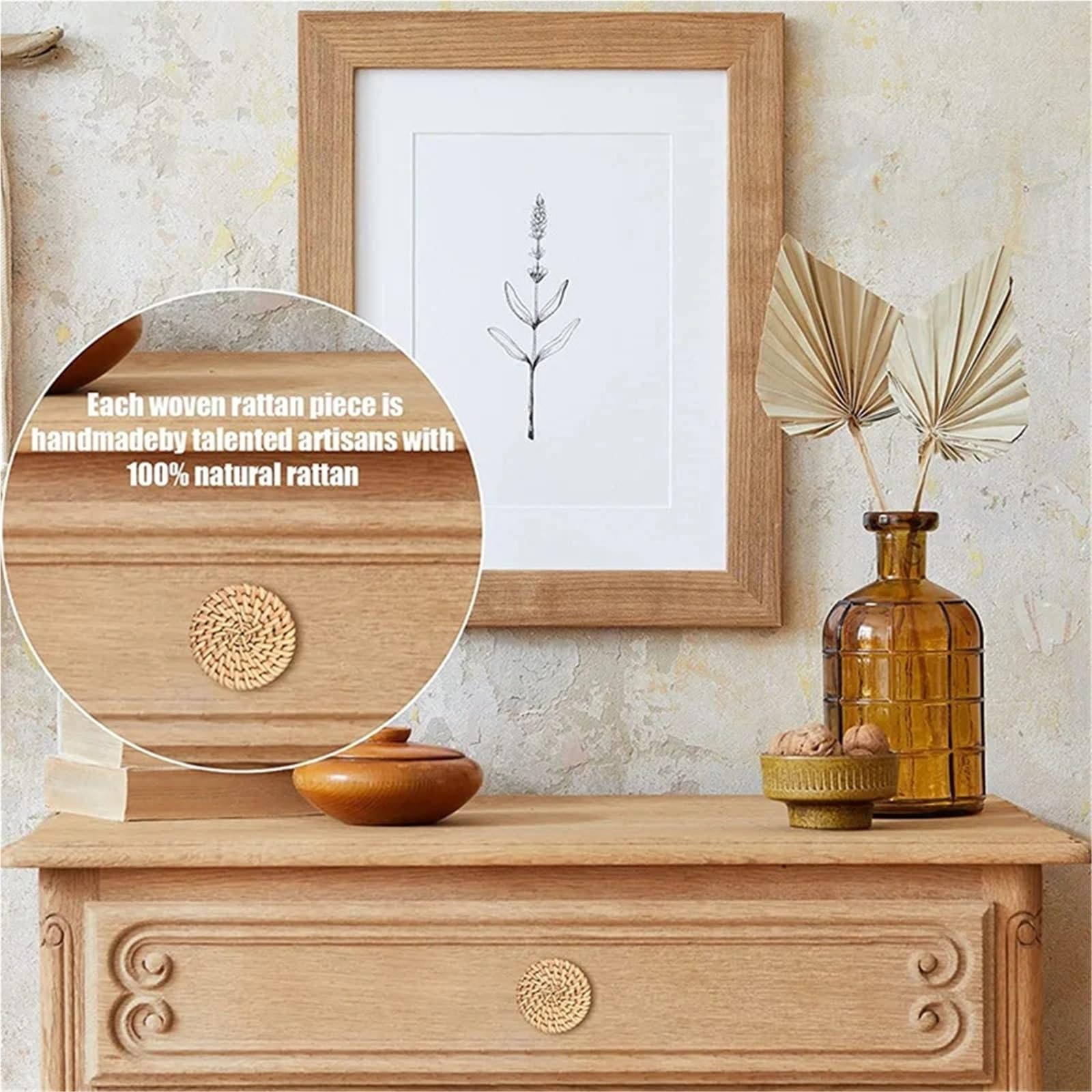 40 pomelli rotondi in rattan bohémien, per cassetti in legno, fatti a mano, per mobili da cucina, hardware (bianco)
