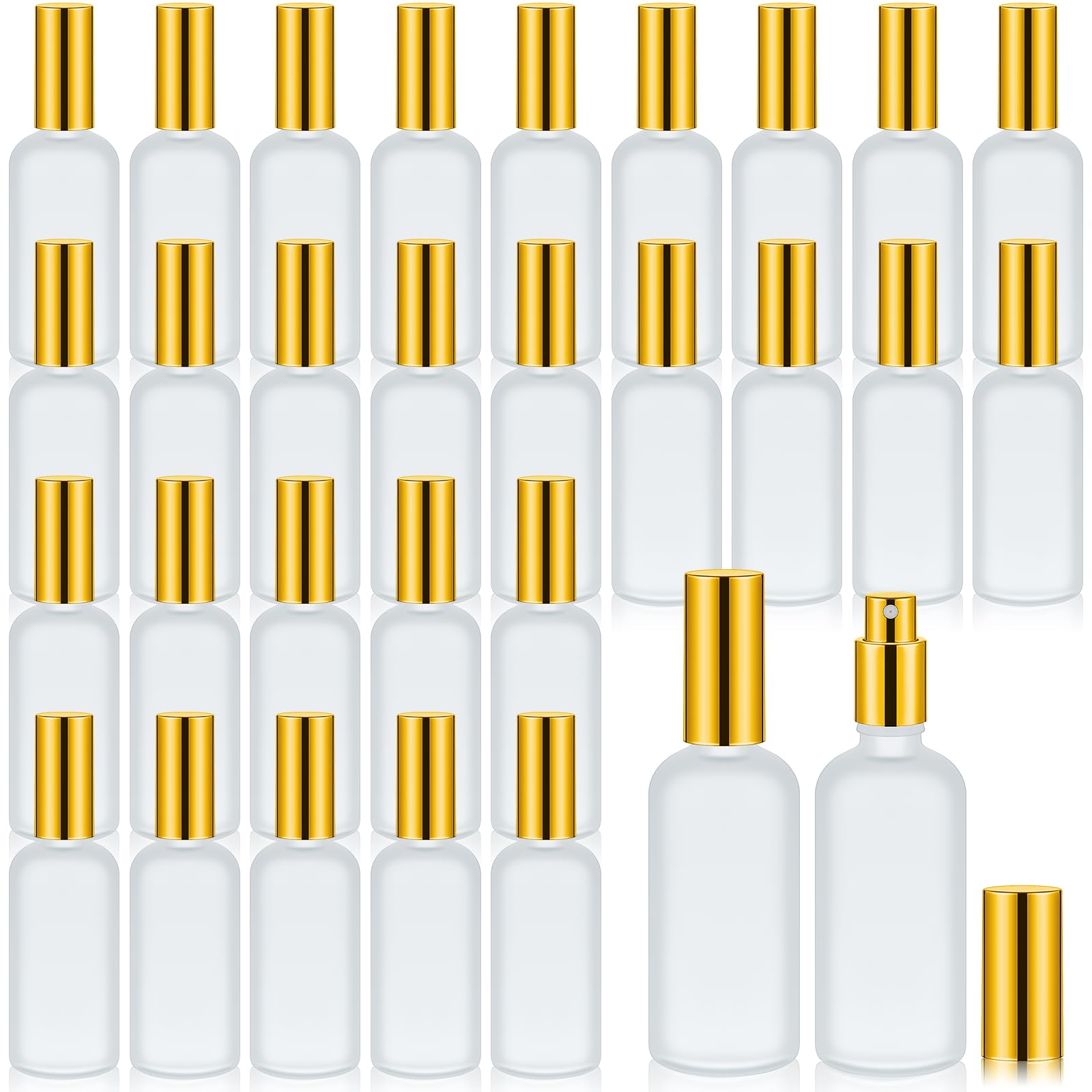 Roshtia 30 Pcs 3.4 oz/ 100 ml Gold Glass Spray Bottle Refillable Frosted Perfume Atomizer Clear Decorative Empty Bottles with Fine Mist Sprayer Pump